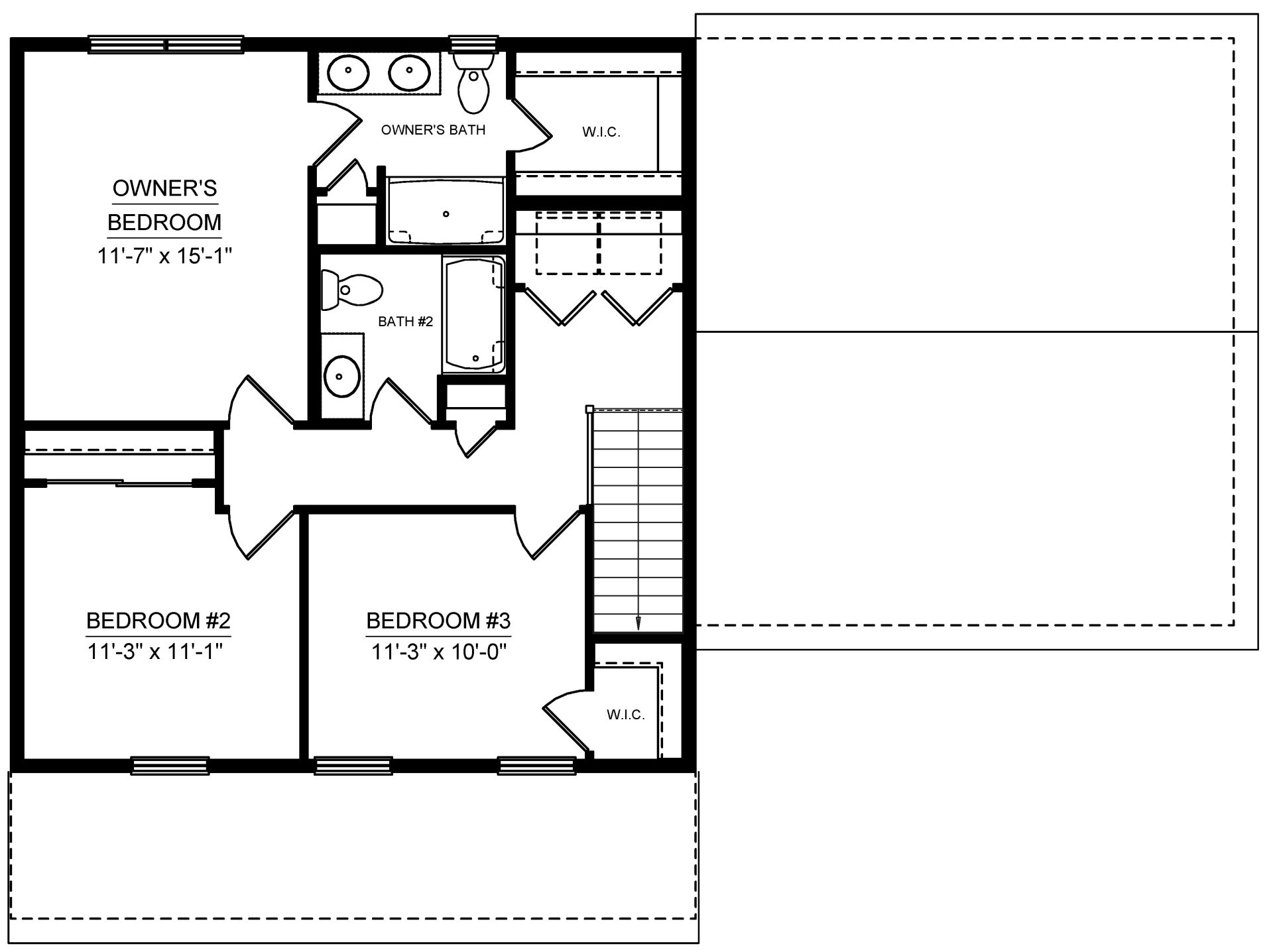Floorplan Drawing: Second Floor living area with 3 full bedrooms, two bathrooms, and laundry room.