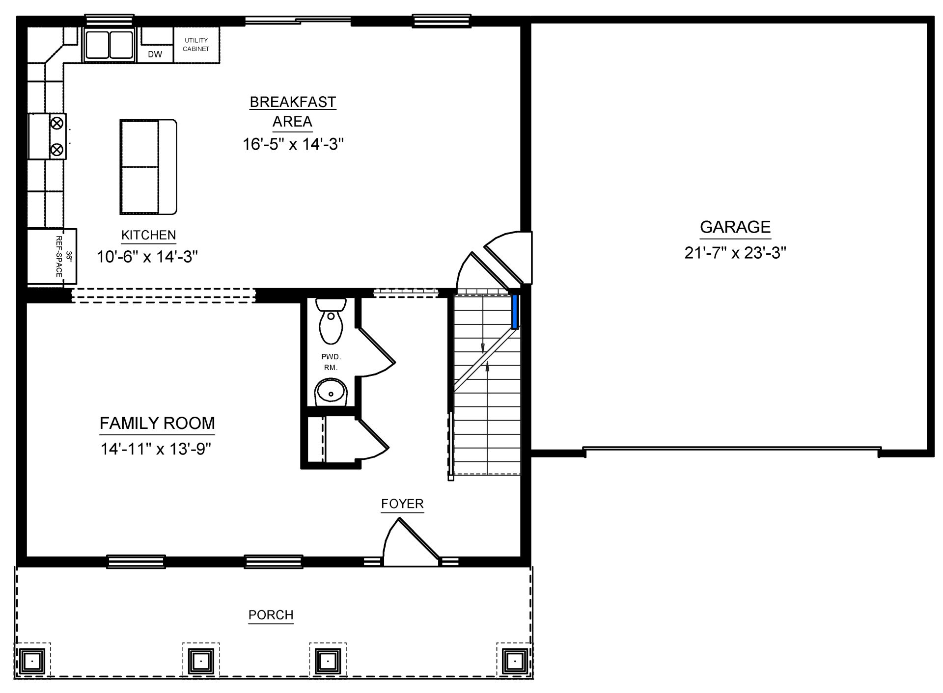 Floorplan Drawing: Main level living area with covered front porch and two car garage