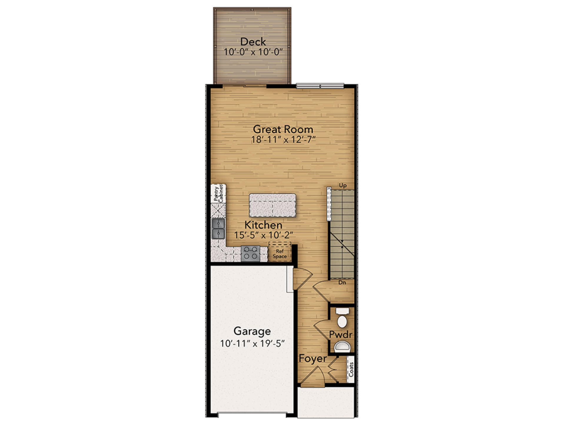 Floorplan Layout - Main level living area with one car garage, kitchen,  and family room