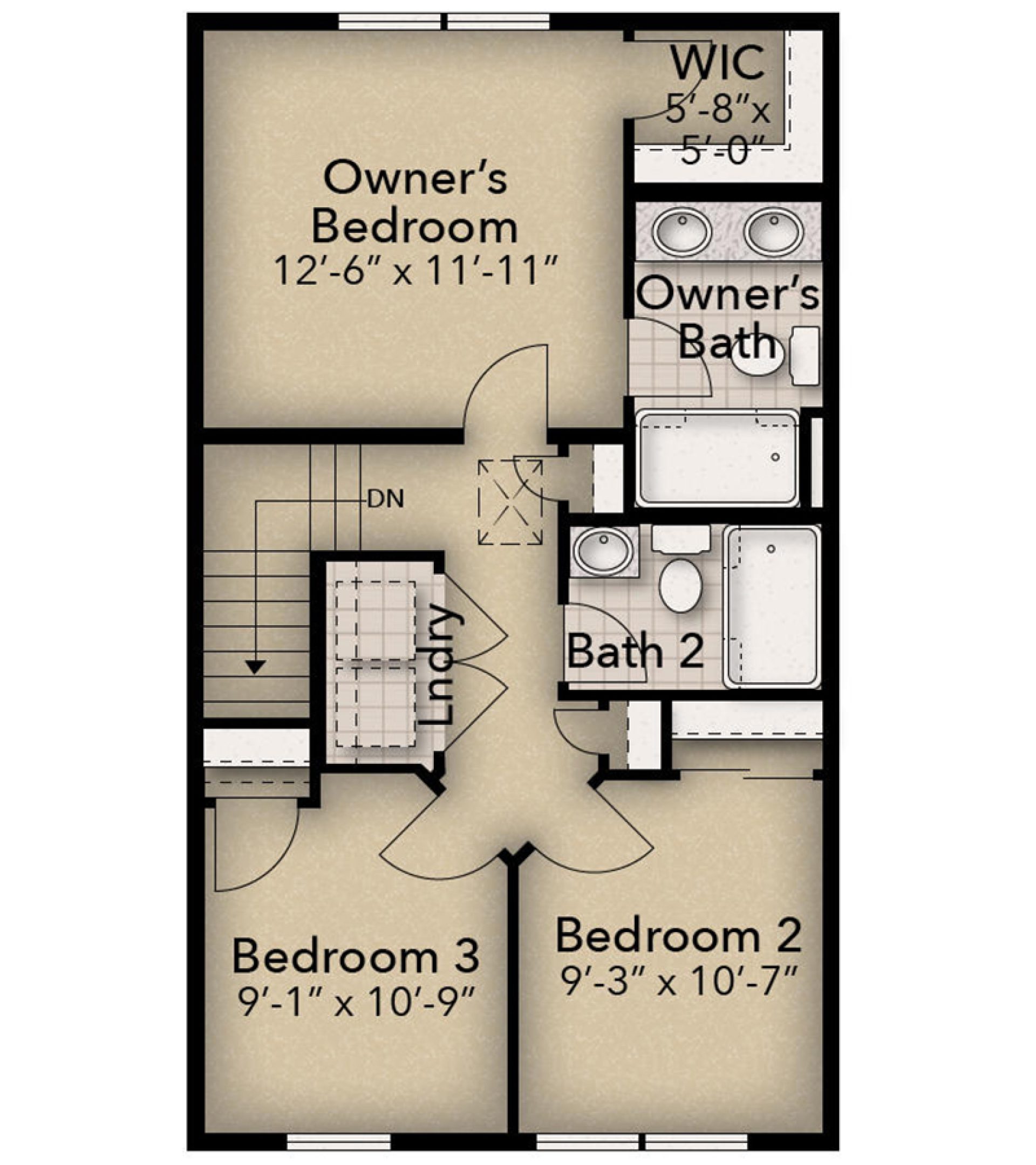 Third level floor plan with the owner's suite, private bath, walk-in closet, two secondary bedrooms, full bath, and laundry closet.