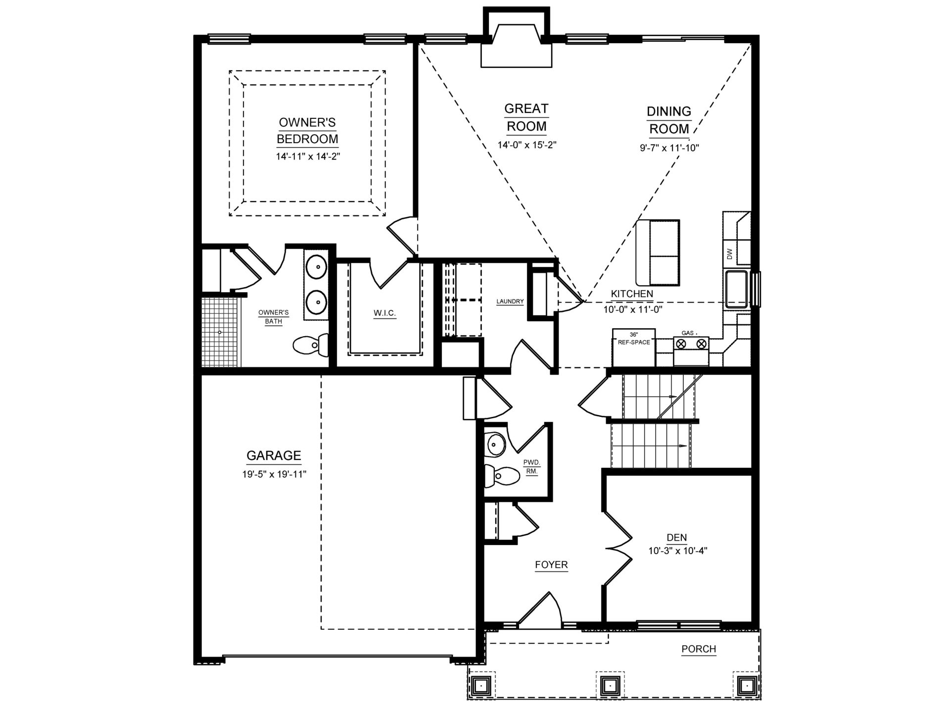 Floorplan Layout of two-story with Main Level living area with covered front porch and two car garage