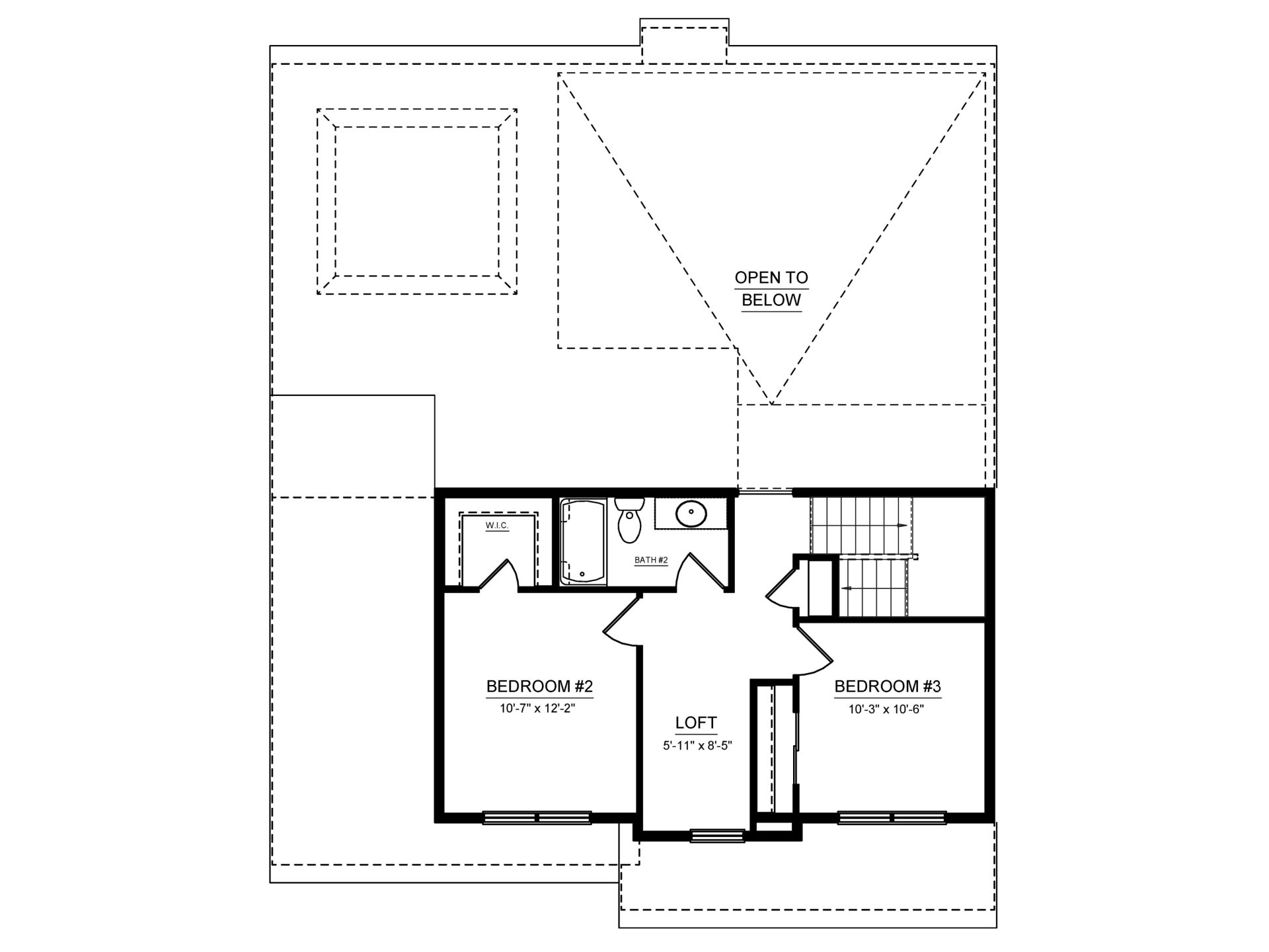 Floorplan Layout of Second floor living area with two bedrooms, full bath, and loft area