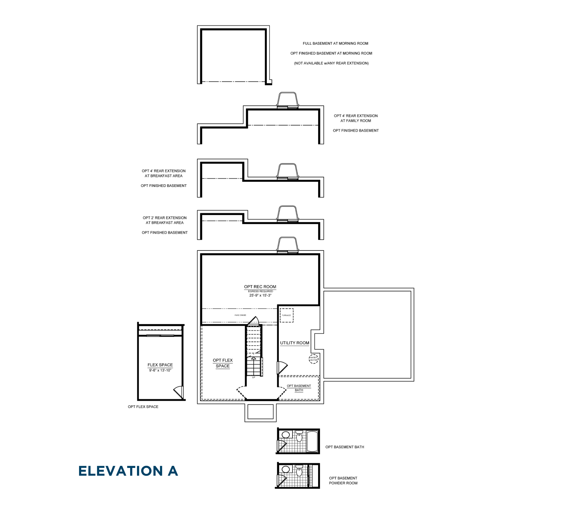 Brandywine Basement floorplan options showing recreation room, flex space, basement bath, utility room and finished basement expansion area