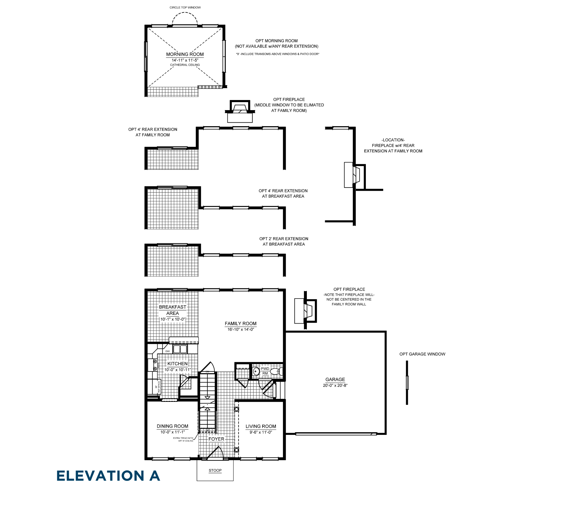 Brandywine Main Level floorplan options showing morning room, rear extensions, fireplace, garage window and expanded breakfast area layouts
