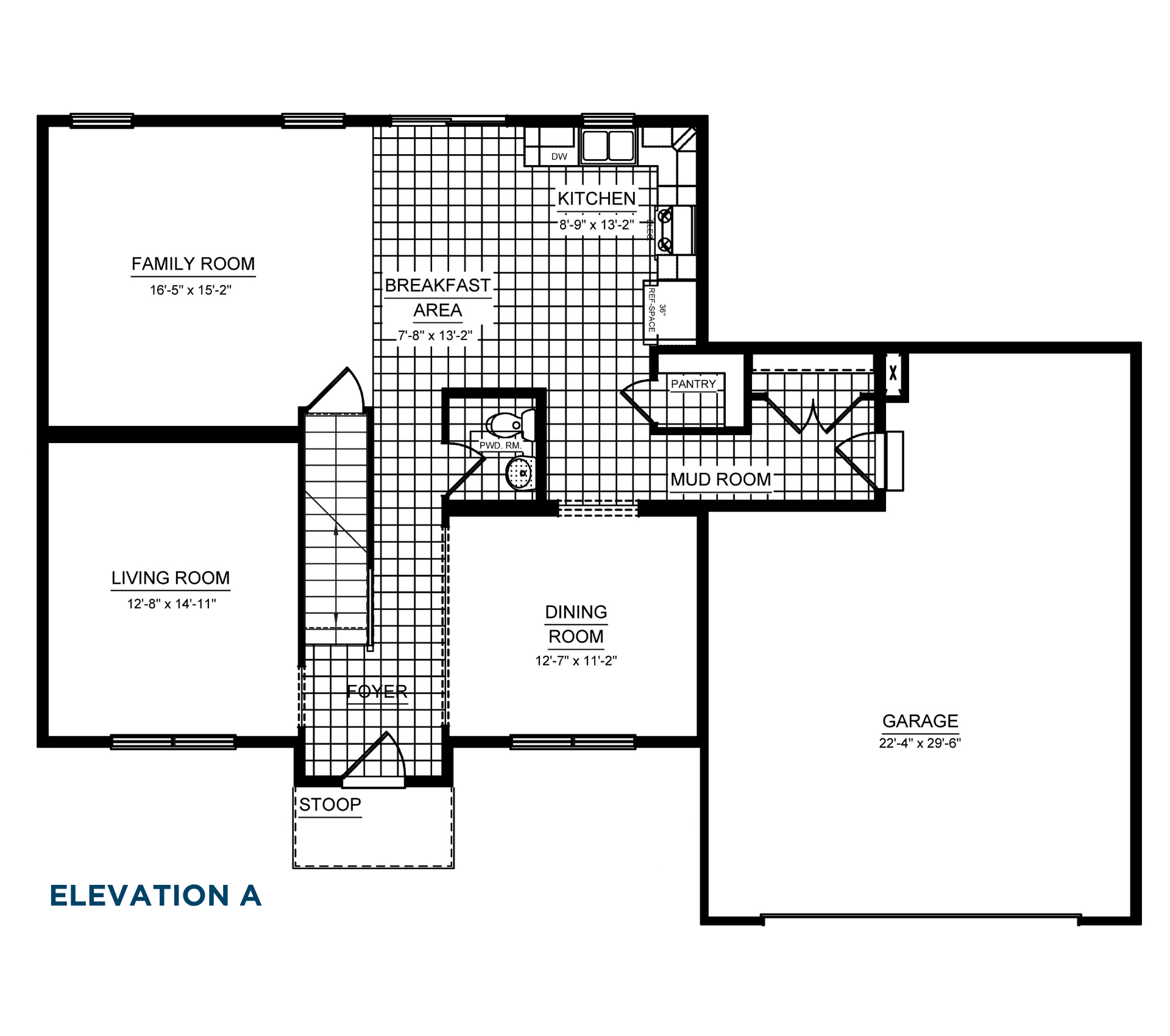 Avalon Main Level floorplan showing family room, living room, dining room, kitchen, breakfast area, mud room and two-car garage