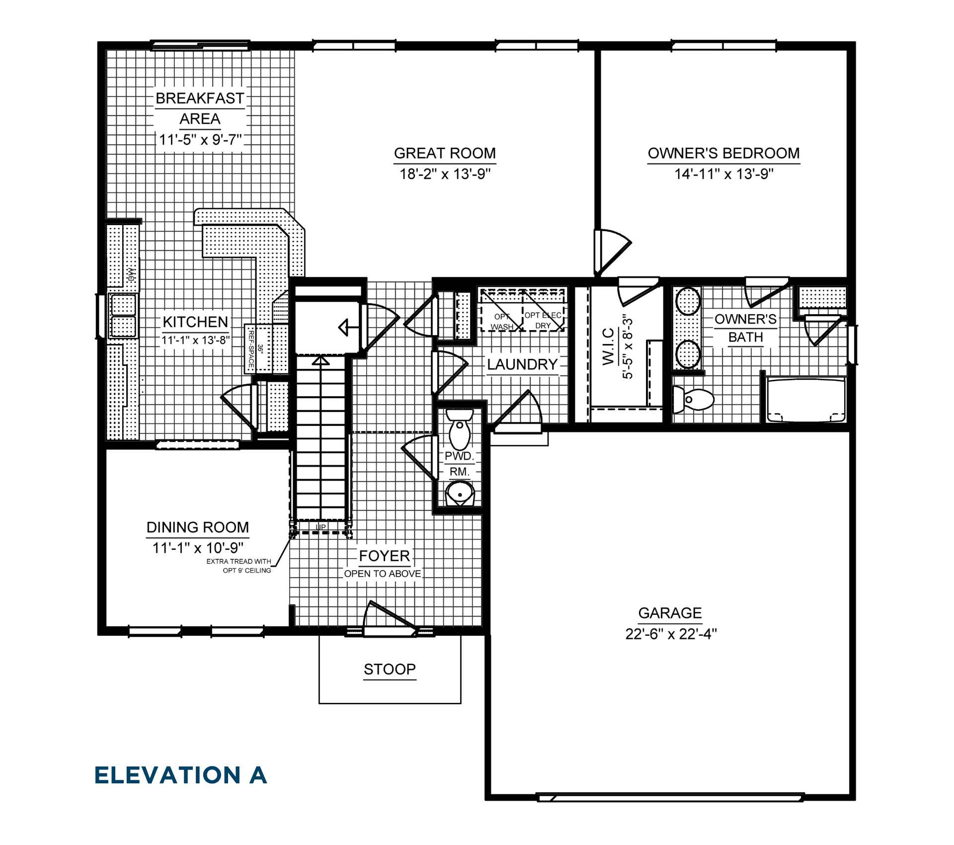 Bayberry A Main Level floorplan showing owner's suite, great room, kitchen, breakfast area, dining room, laundry and two-car garage