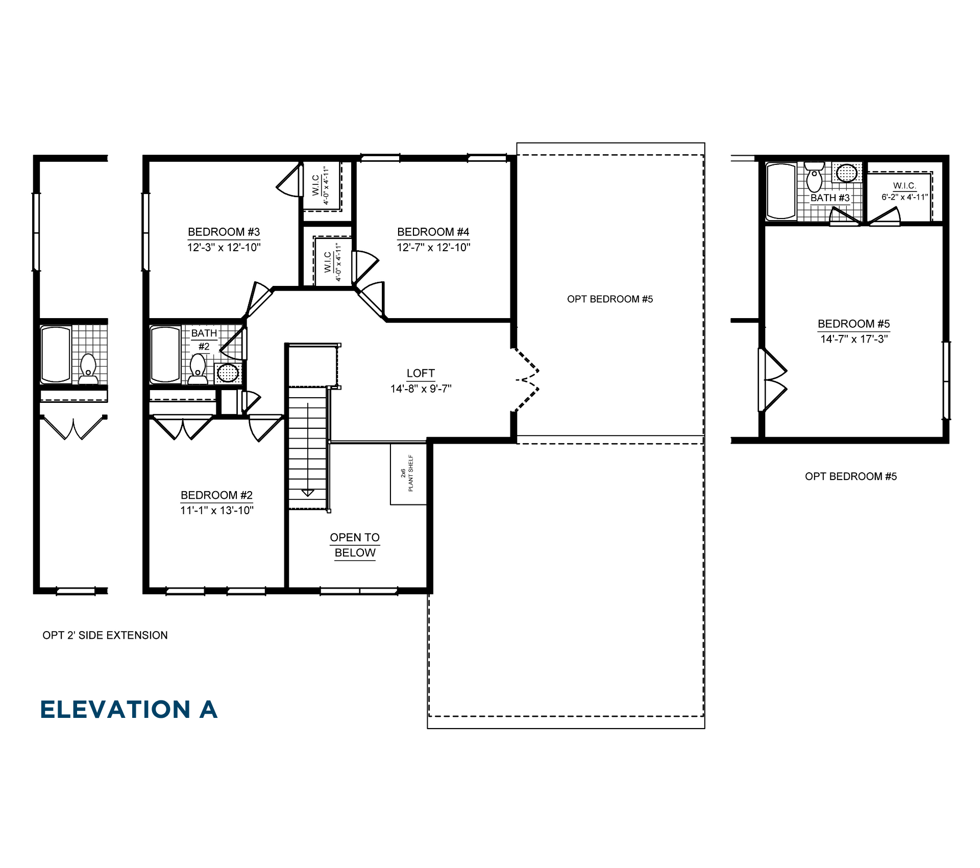 Bayberry A Second Level floorplan showing loft, bedrooms 2 through 4, optional bedroom 5 and optional side extension layout