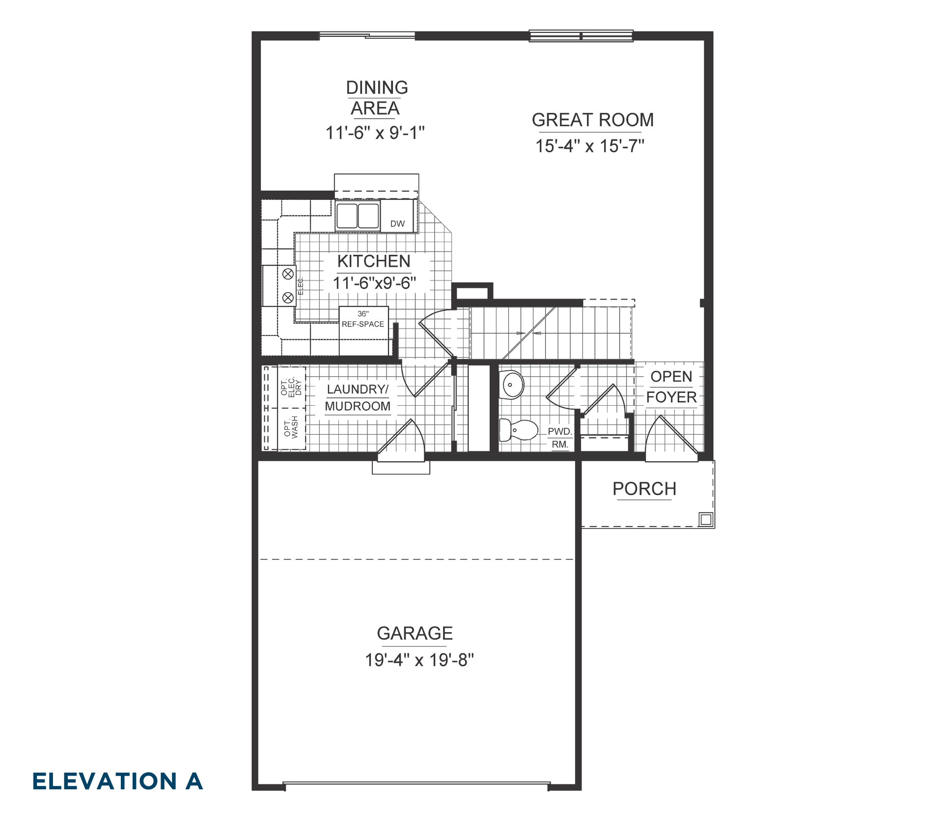 Main level floorplan with a great room, kitchen, dining area, laundry and mudroom, powder room, open foyer, front porch, and attached garage.
