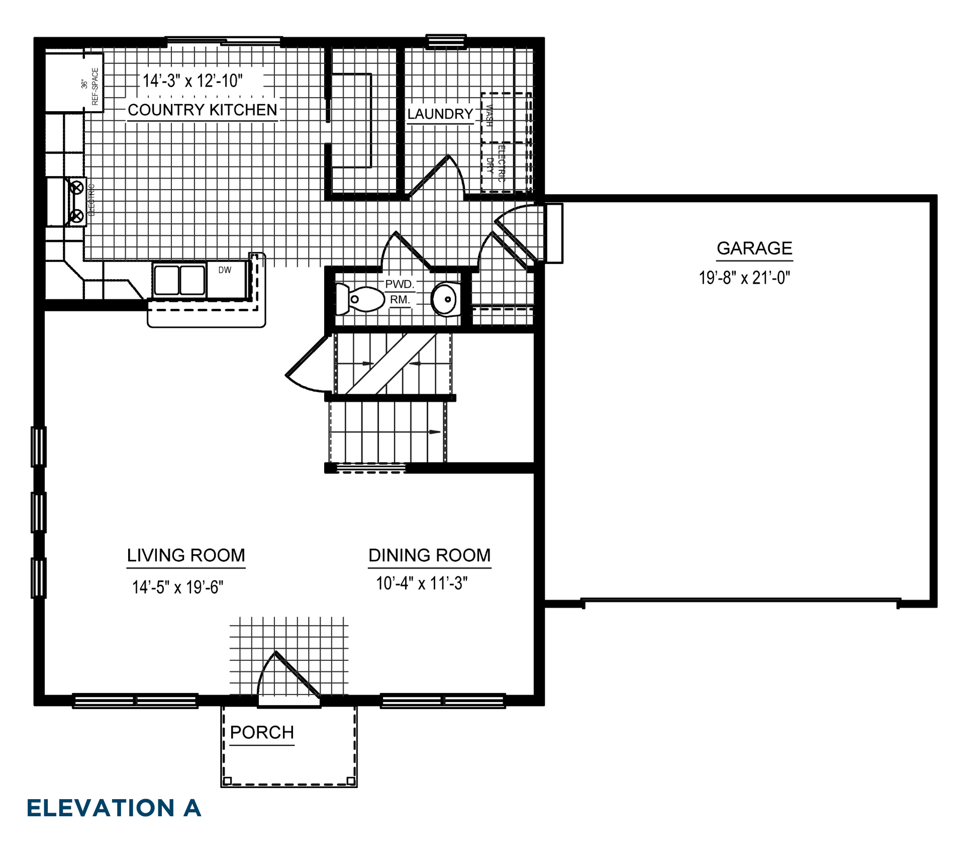Main level floorplan with country kitchen, living room, dining room, laundry room, powder room, porch, and attached two car garage
