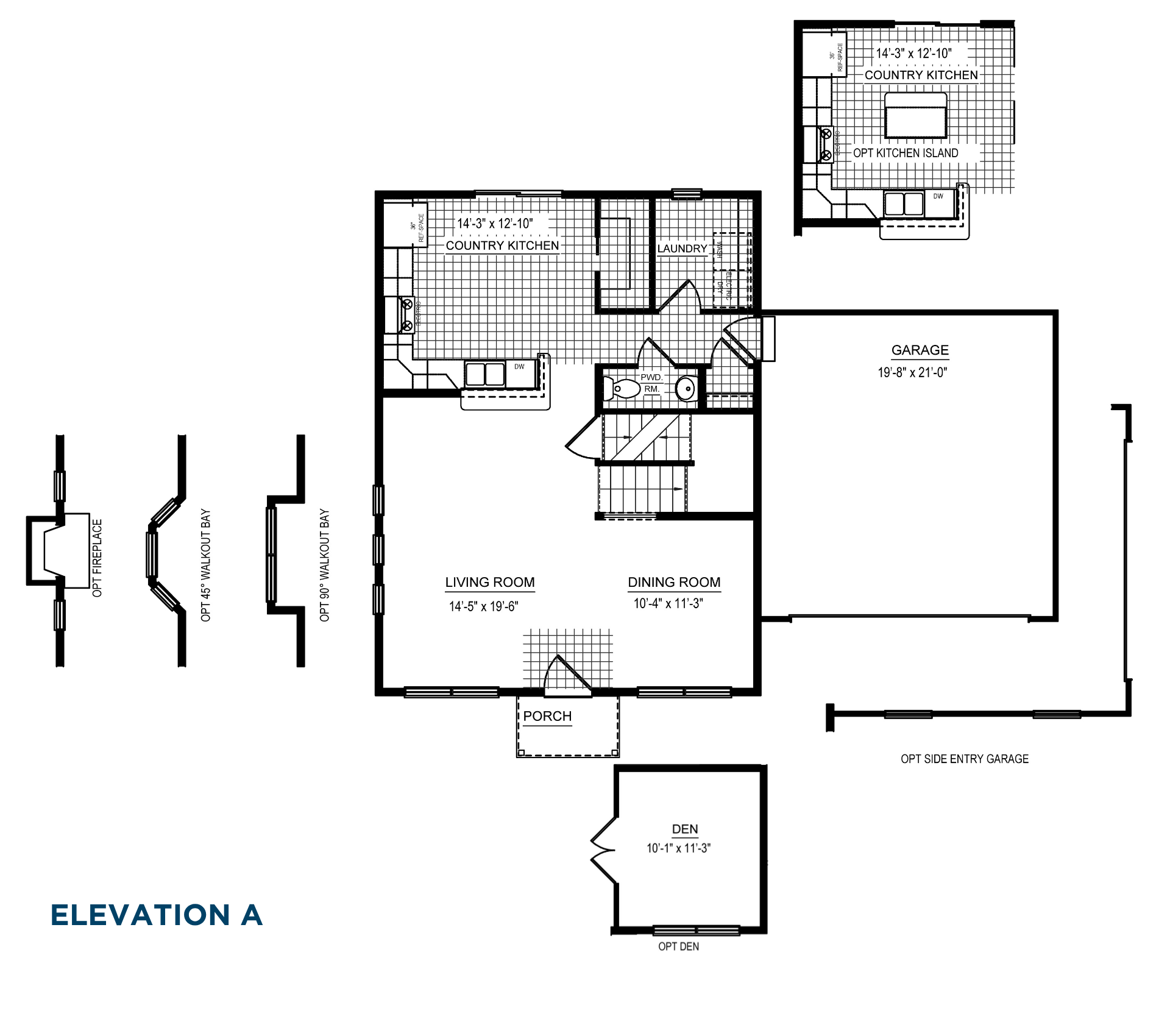 Main level floorplan options showing kitchen island, den, fireplace, walkout bay windows, and side-entry garage