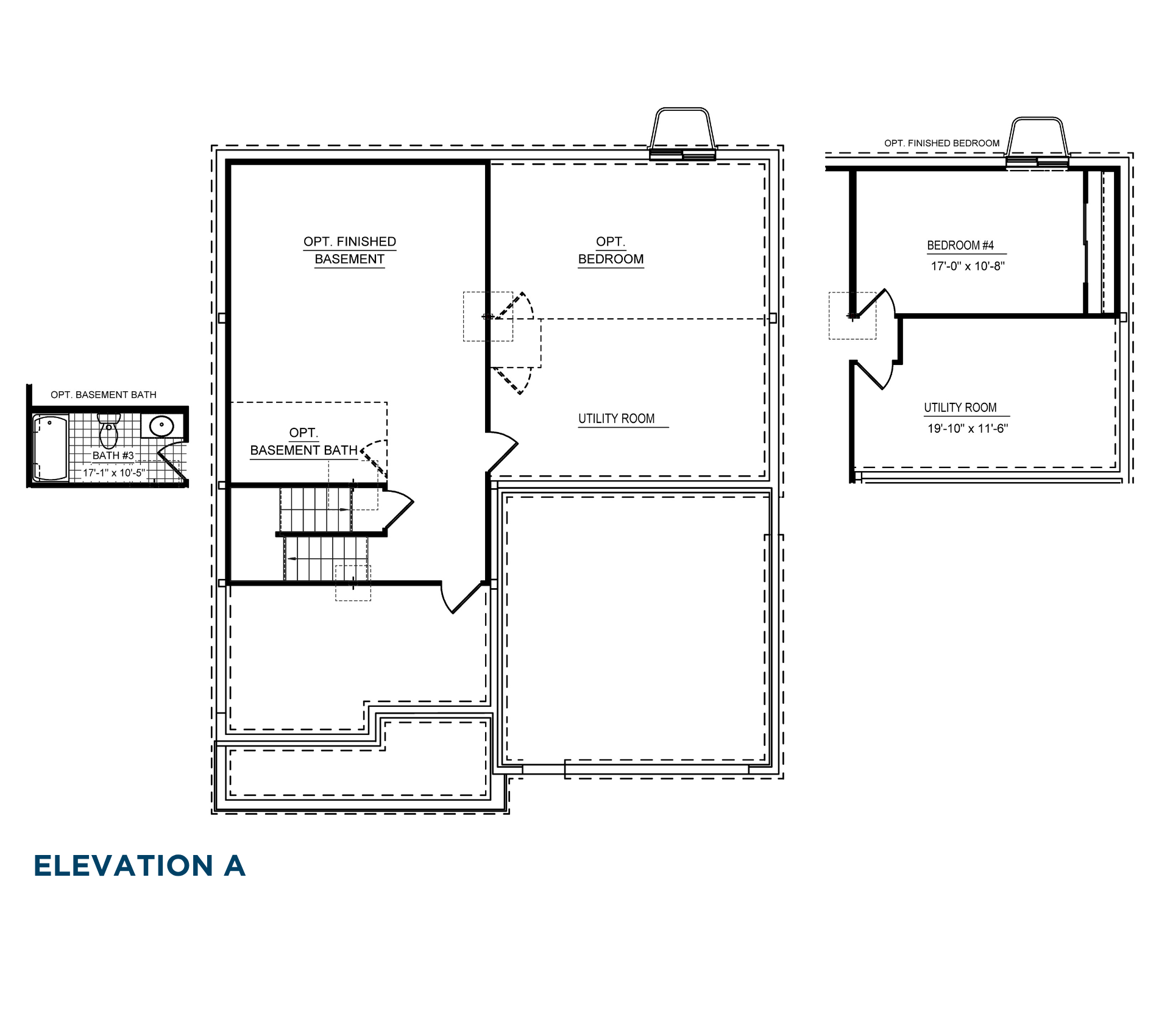 Optional finished basement floorplan with recreation area, utility room, optional bedroom, and optional full bathroom