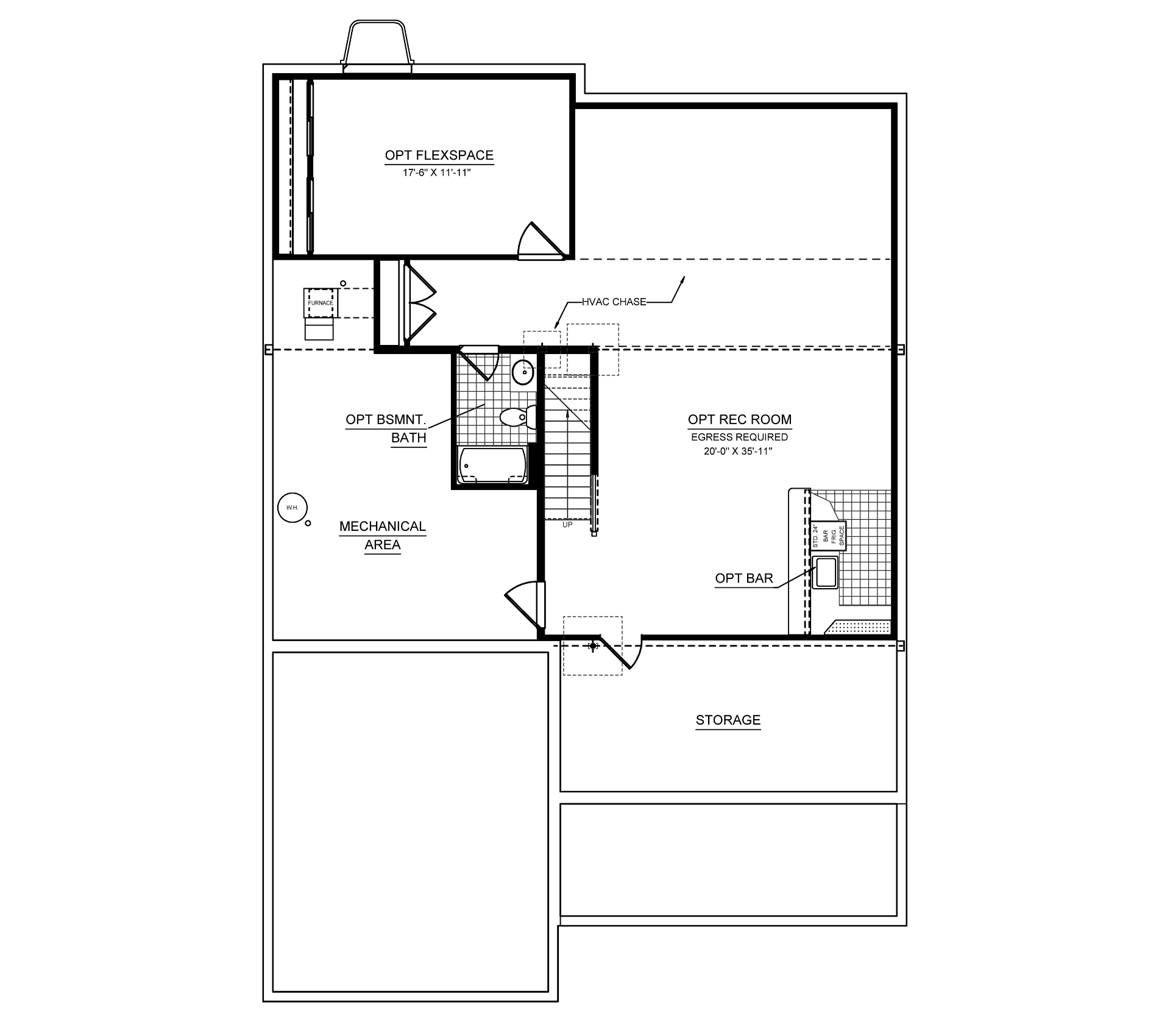 Optional finished basement floorplan with recreation room, flex space, storage area, mechanical room, optional full bathroom, and wet bar