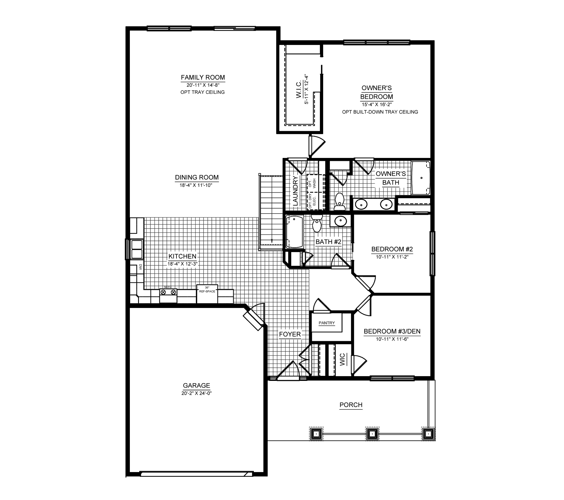Main level floorplan with family room, dining room, kitchen, owner's suite, two secondary bedrooms, laundry room, pantry, porch, and attached garage