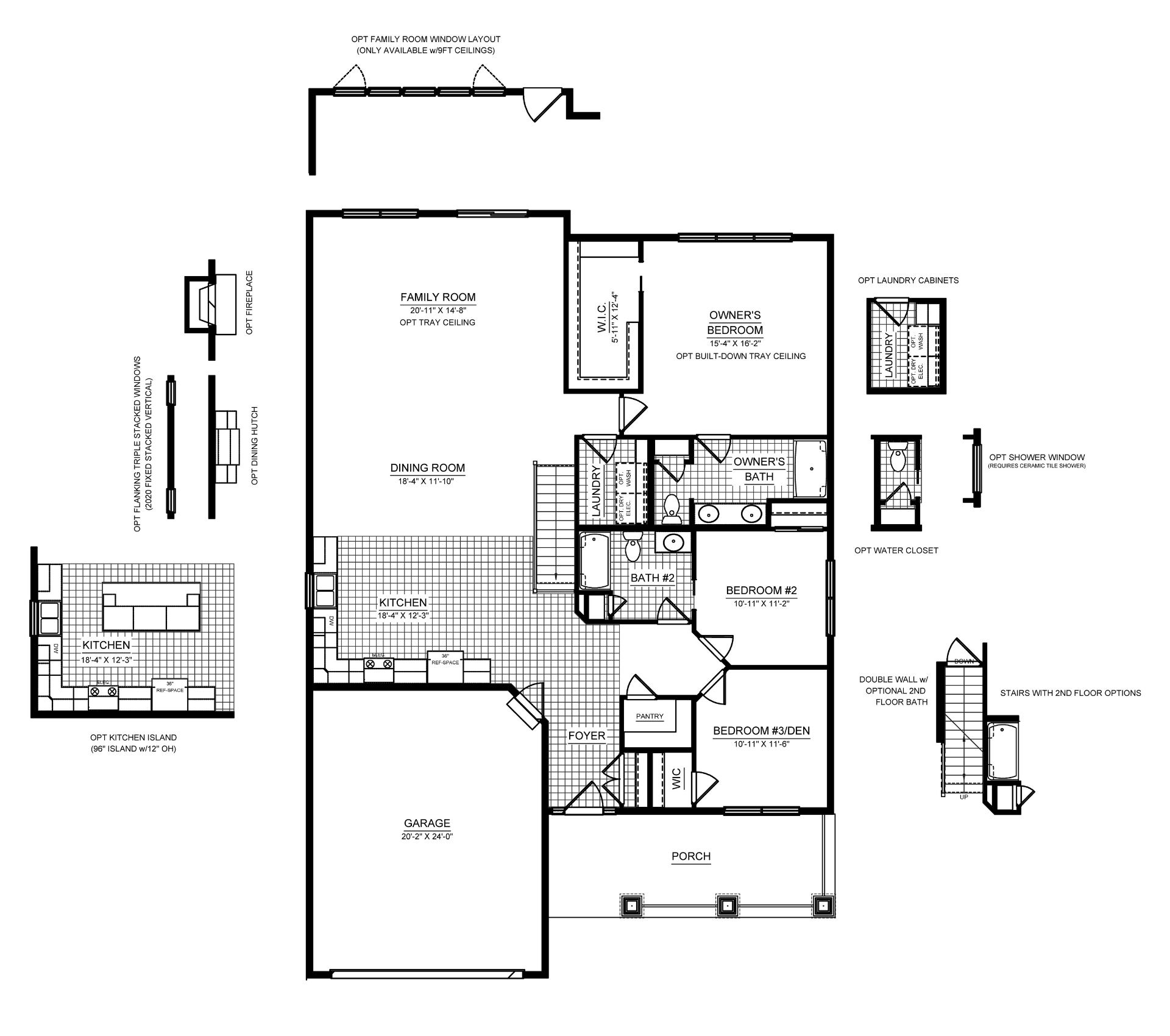 Main level floorplan options showing kitchen island, fireplace, dining hutch, laundry cabinets, water closet, shower window, and second-floor stair access