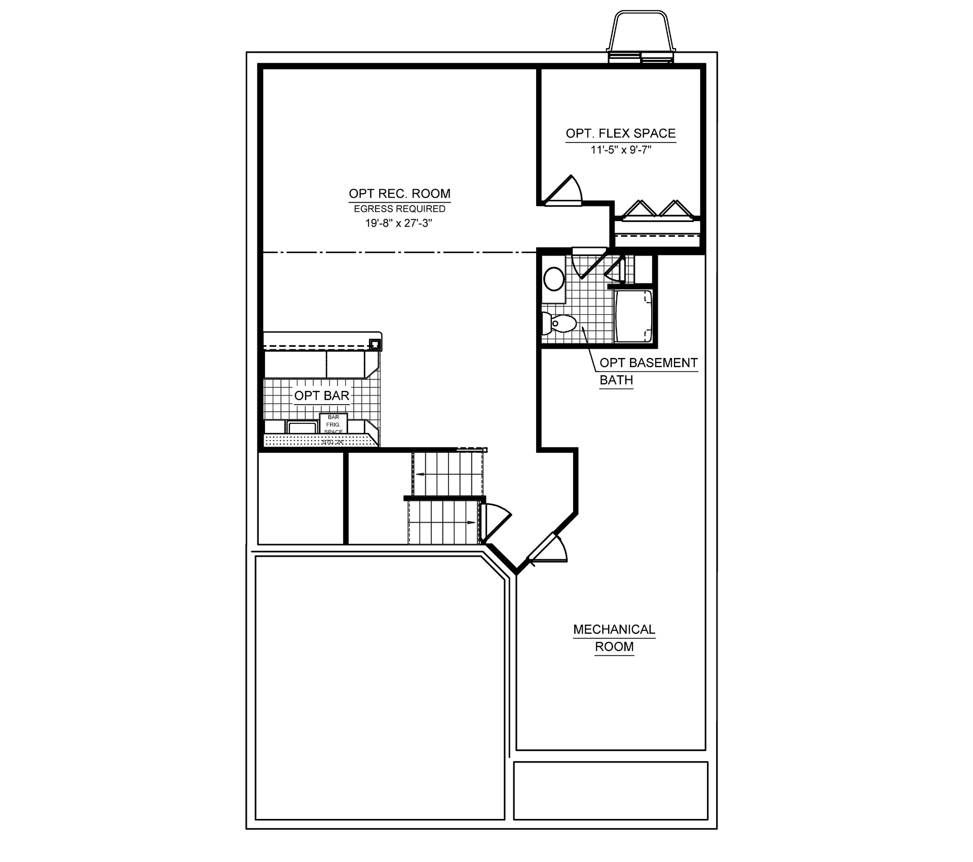Optional finished basement floorplan with recreation room, flex space, mechanical room, optional full bathroom, wet bar, and storage area