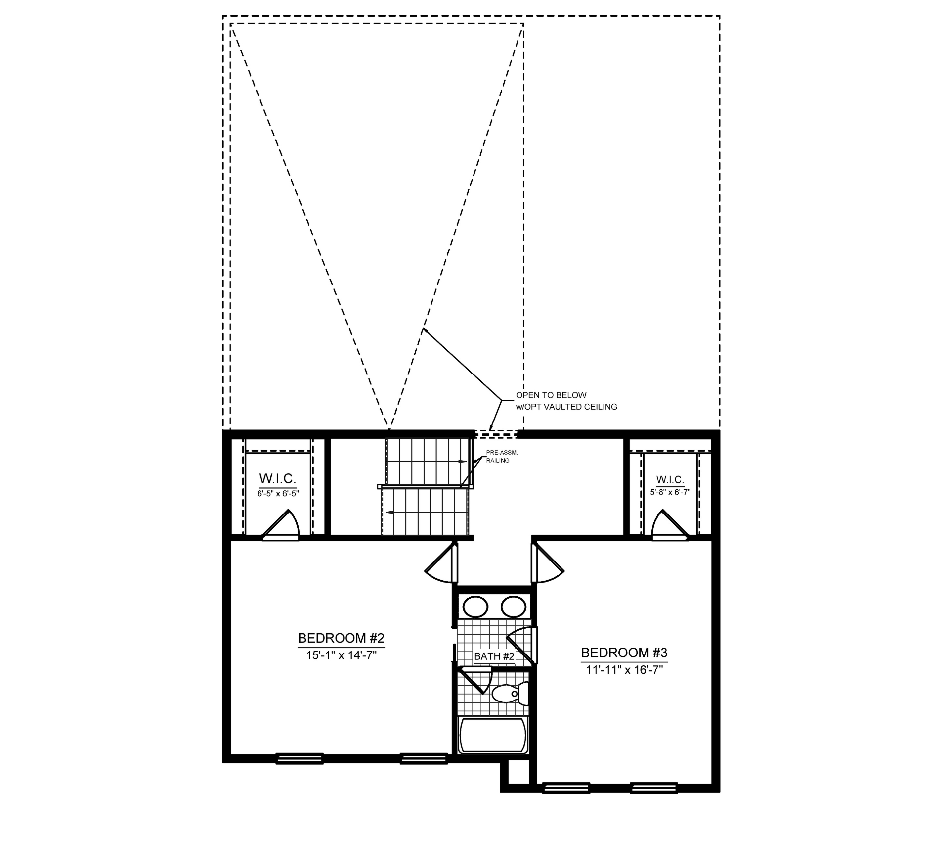 Optional second floorplan with two bedrooms, walk-in closets, shared full bathroom, and open loft overlooking the great room below