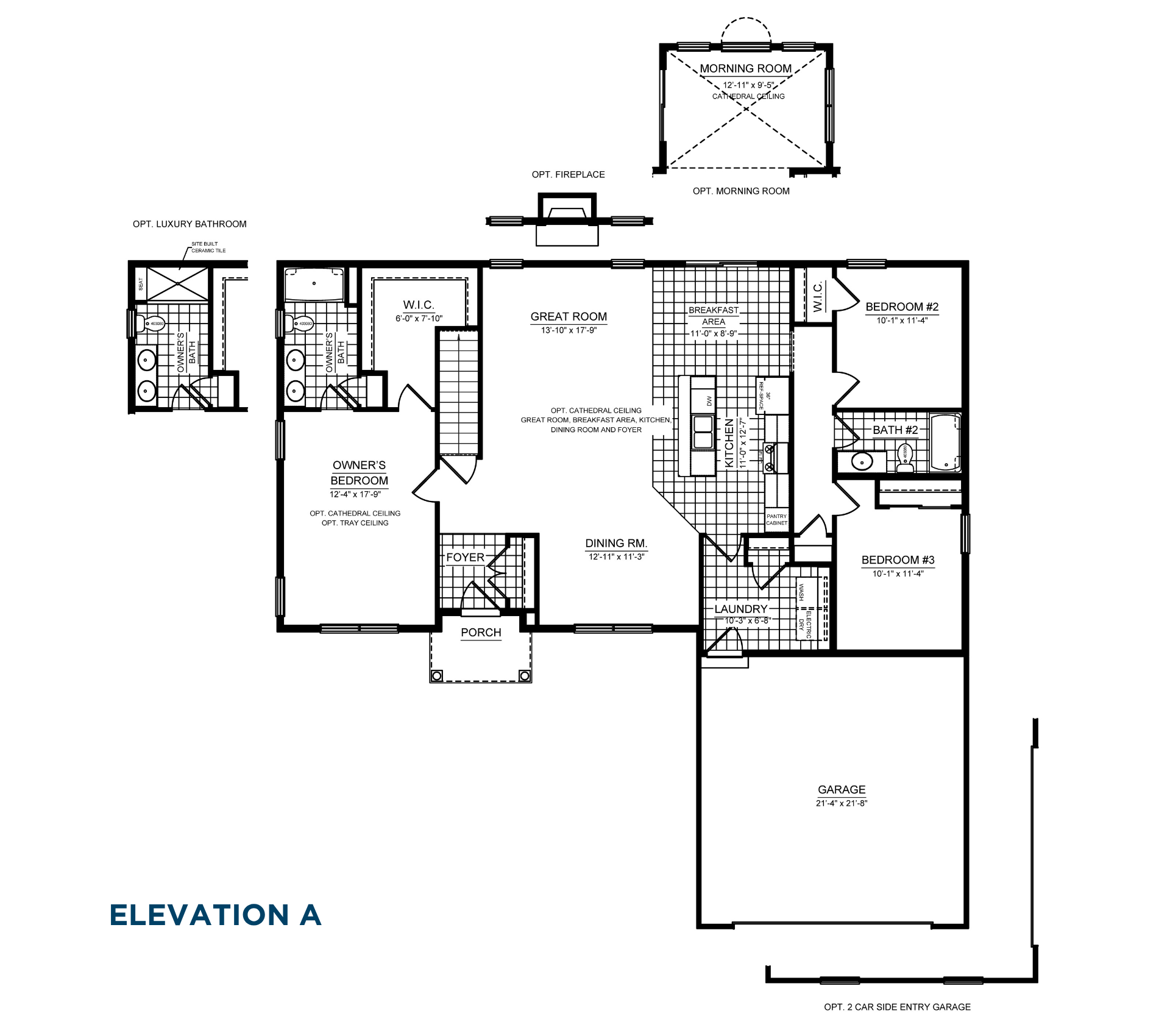 Main level floorplan options featuring luxury owner's bath, morning room, fireplace, cathedral ceilings, and side-entry two-car garage layout