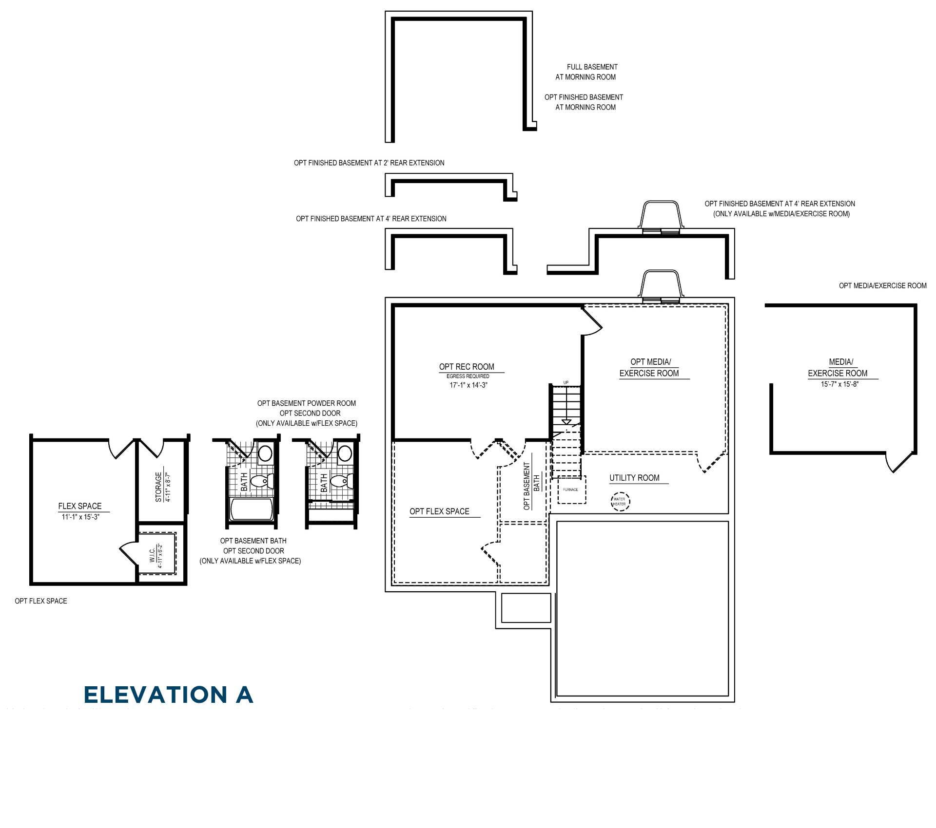 Basement floorplan with optional recreation room, flex space, media or exercise room, full bathroom, powder room, and finished basement configurations
