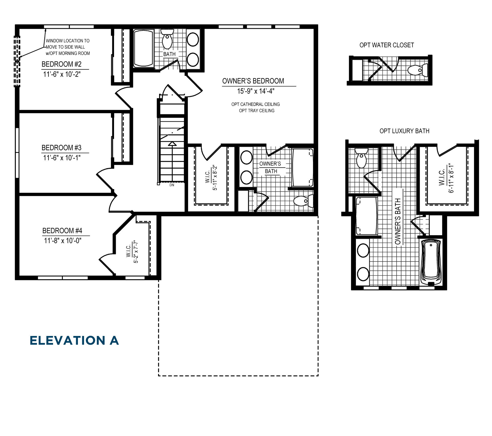 Second floorplan with owner's suite, three secondary bedrooms, walk-in closets, full hall bathroom, and optional luxury owner's bath