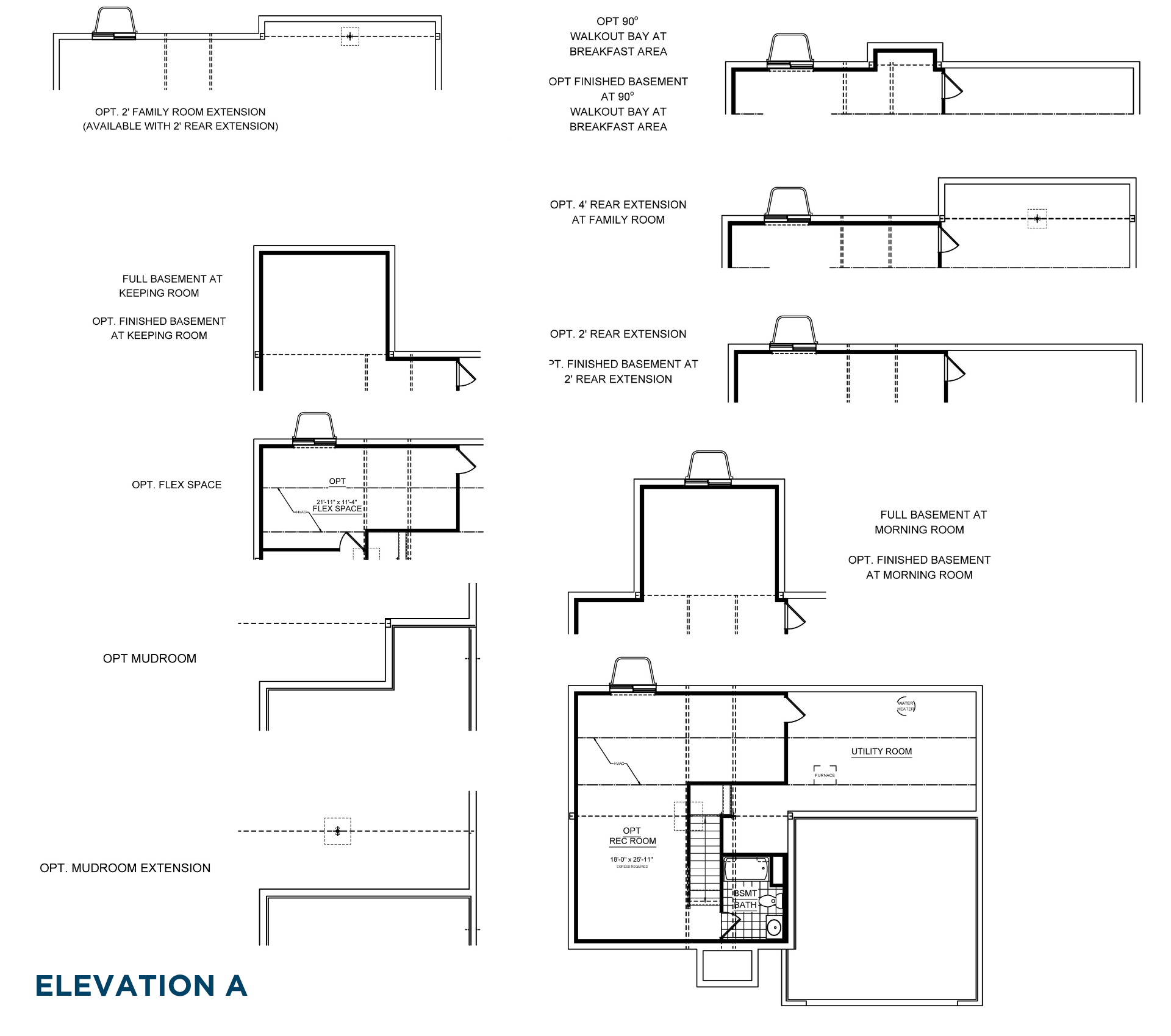 Basement floorplan and structural options including finished recreation room, flex space, mudroom, rear extensions, and walkout bays