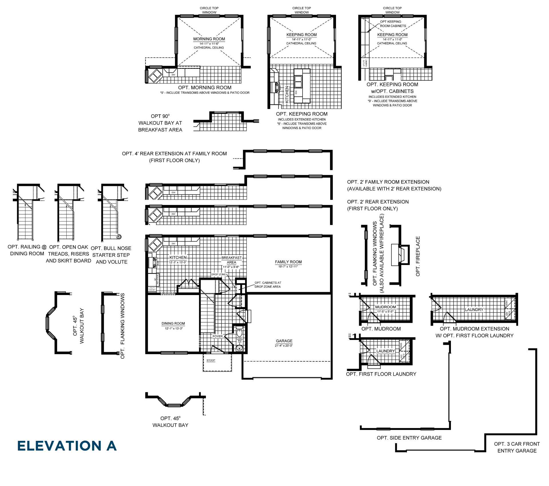 Main level floorplan options including morning room, keeping room, family room extensions, mudroom, laundry, fireplace, and garage layouts