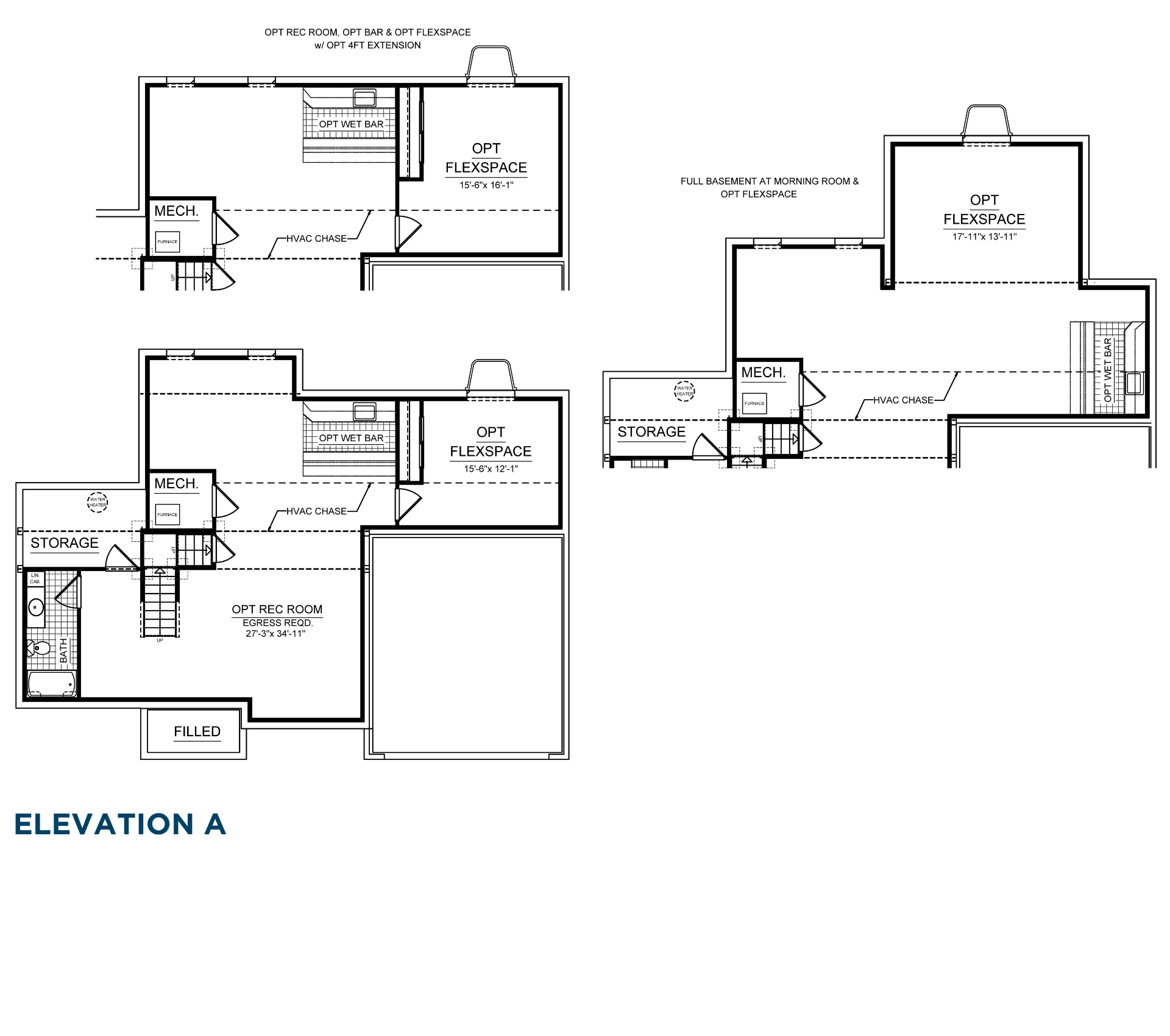 Basement floorplan with optional recreation room, flex space, wet bar, storage area, mechanical room, and full basement layout options