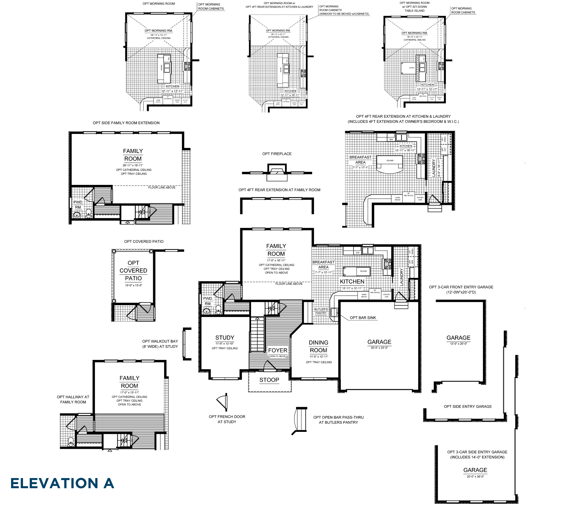 Main level floorplan options showing morning room additions, family room extension, covered patio, expanded garage layouts, fireplace, and study enhancements