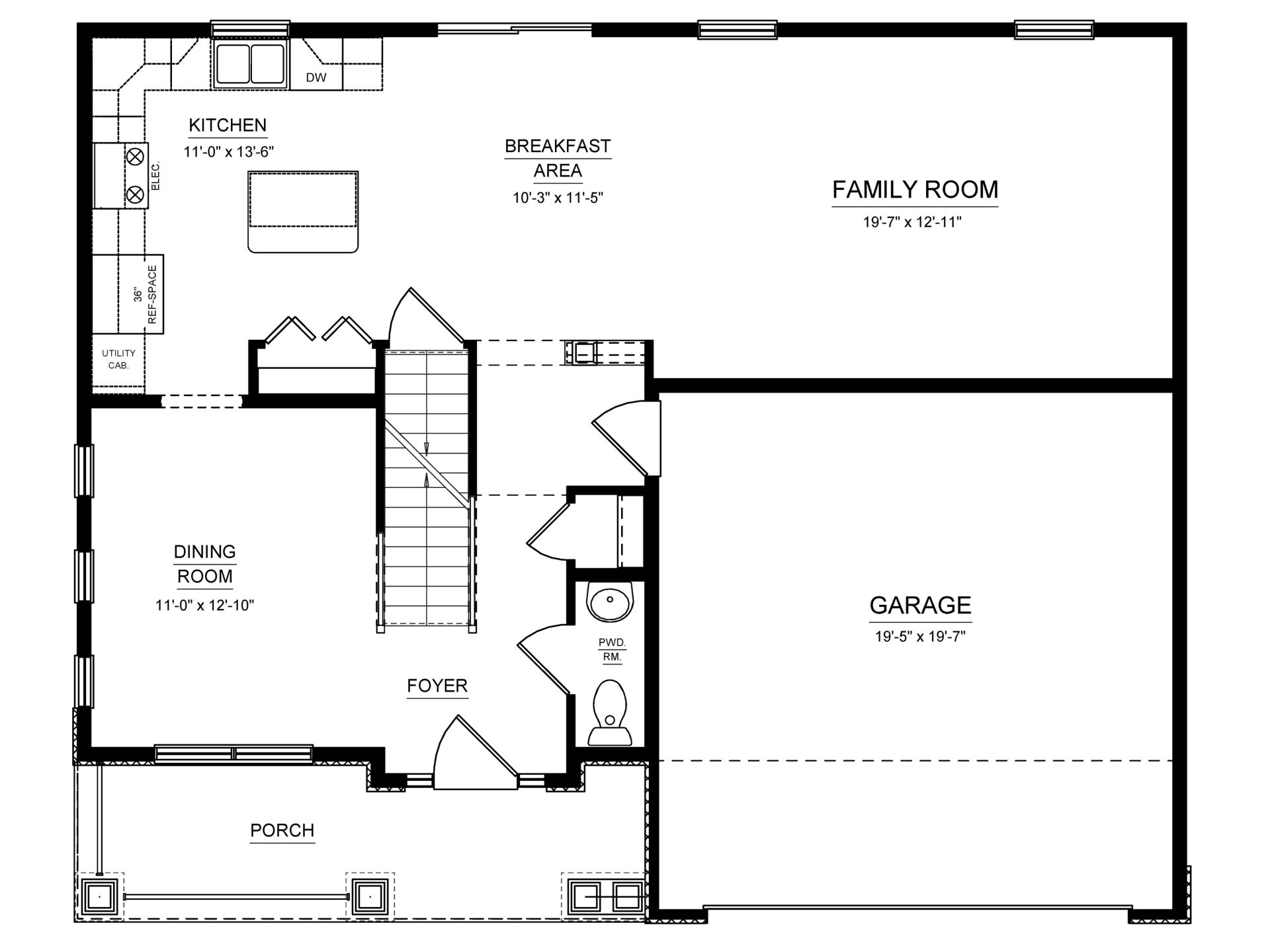 Floorplan layout of a two story home with main level living space with 2 car garage and covered front entry