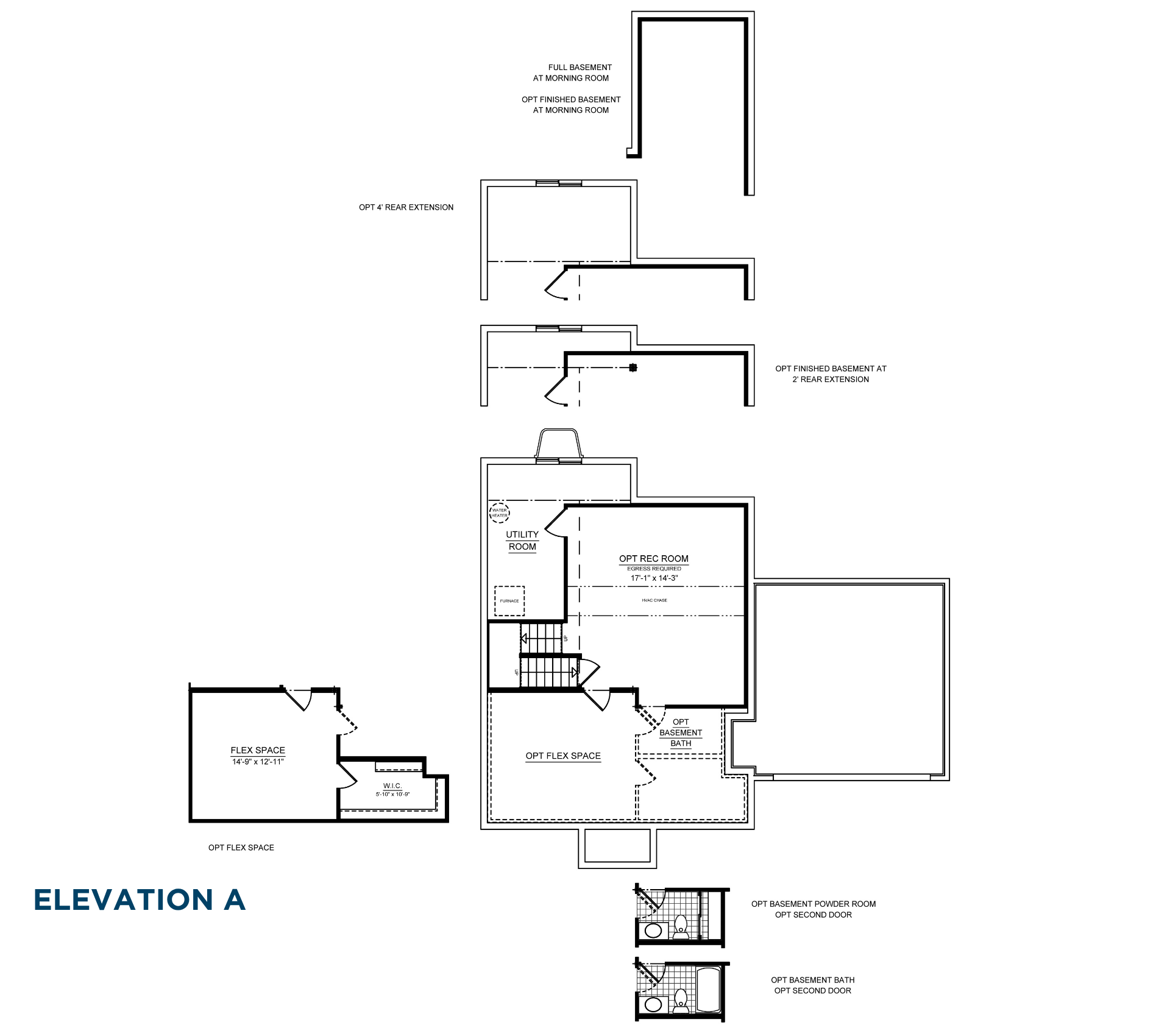 Basement floor plan with recreation room, utility room, optional flex space, optional basement bath, and stairs.