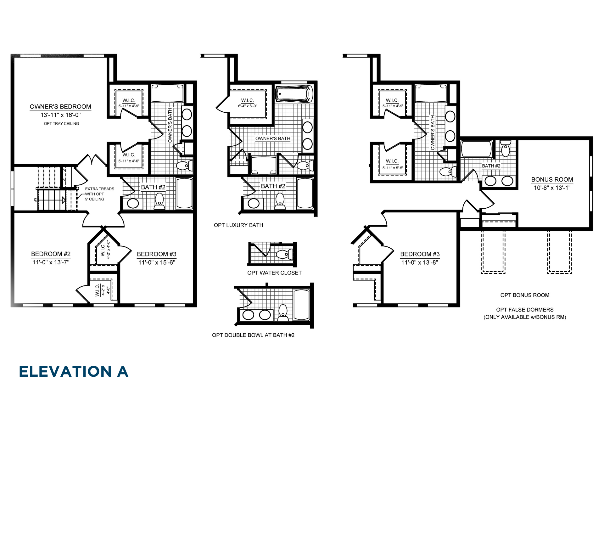 Second floor plan with owner's suite, two secondary bedrooms, two full baths, optional luxury bath, and bonus room.