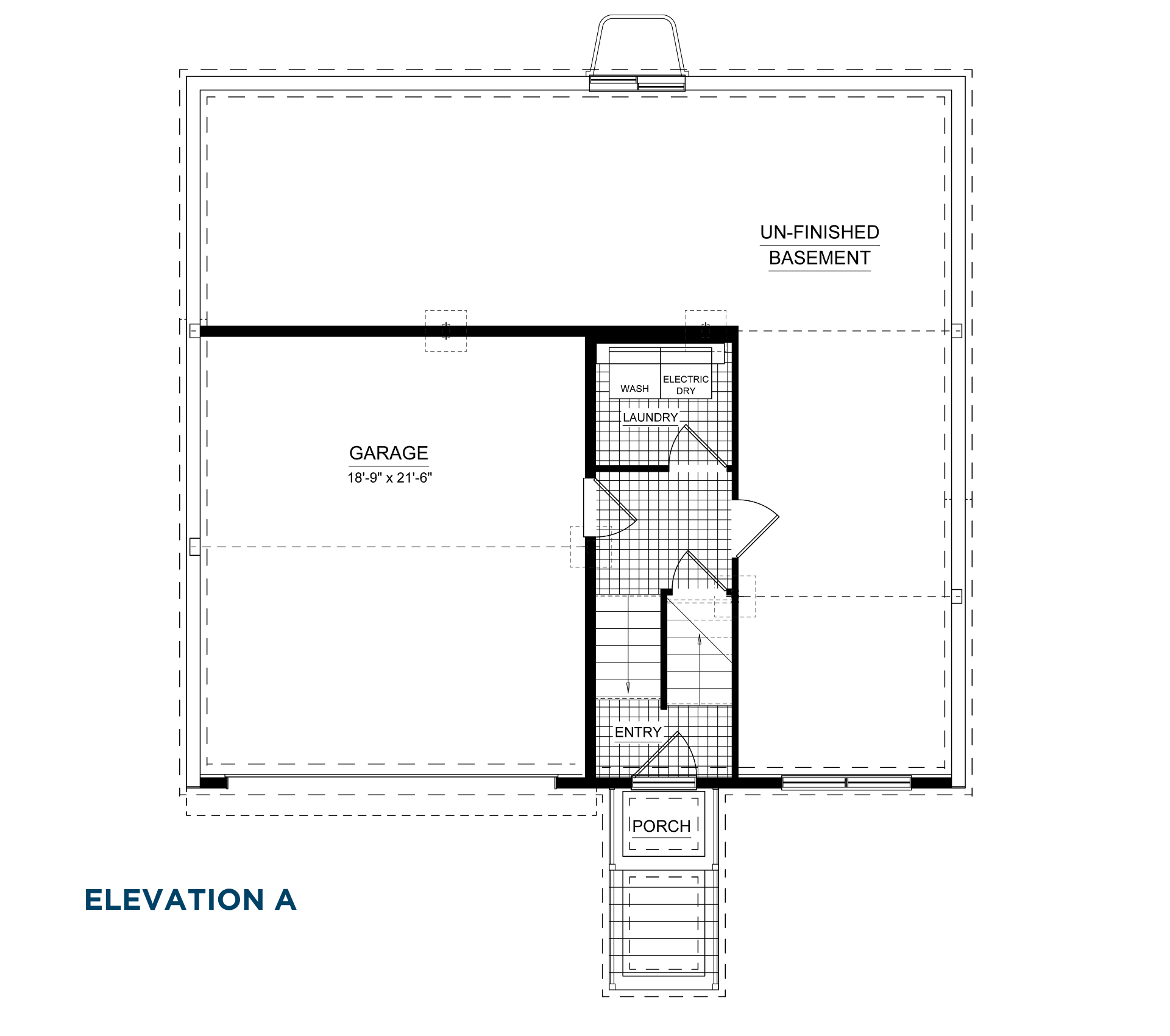 Basement floor plan with unfinished basement space, front entry, laundry area, staircase access, and attached garage.