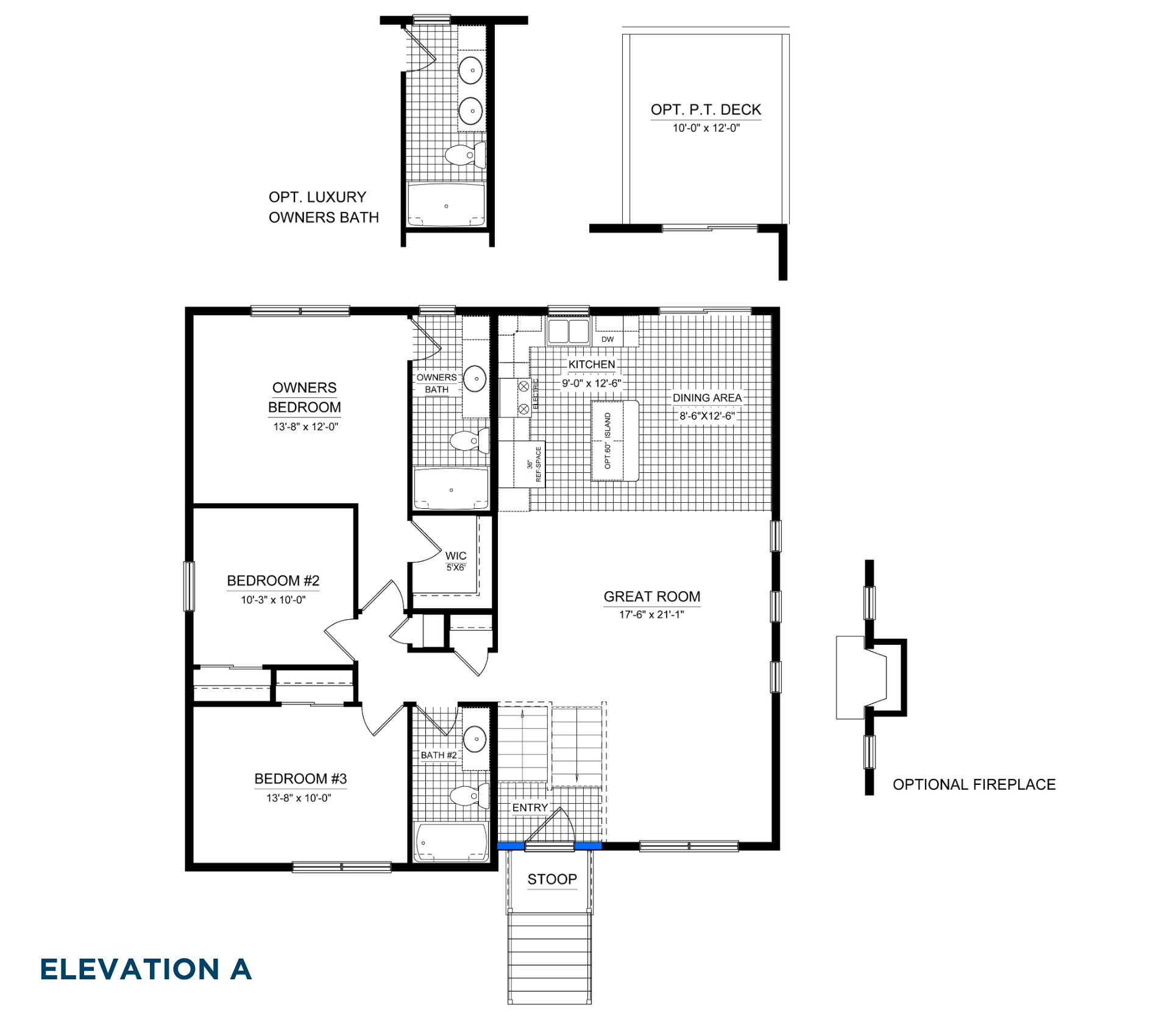 Main level floor plan with great room, kitchen, dining area, owner's suite, two secondary bedrooms, two full baths, and front stoop.