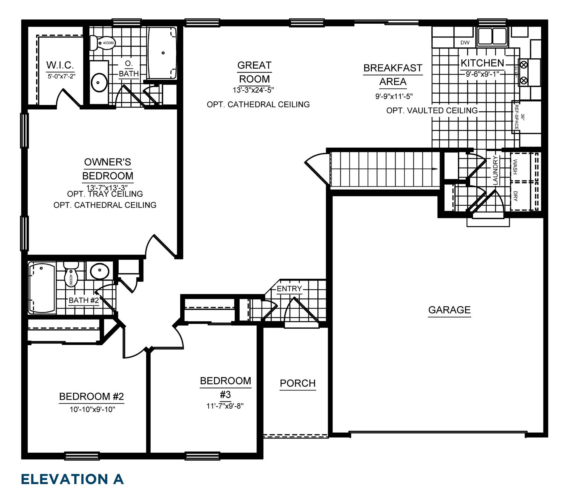 Ranch home floor plan with three bedrooms, two bathrooms, open great room, breakfast area, kitchen, laundry room, front porch, and two-car garage.