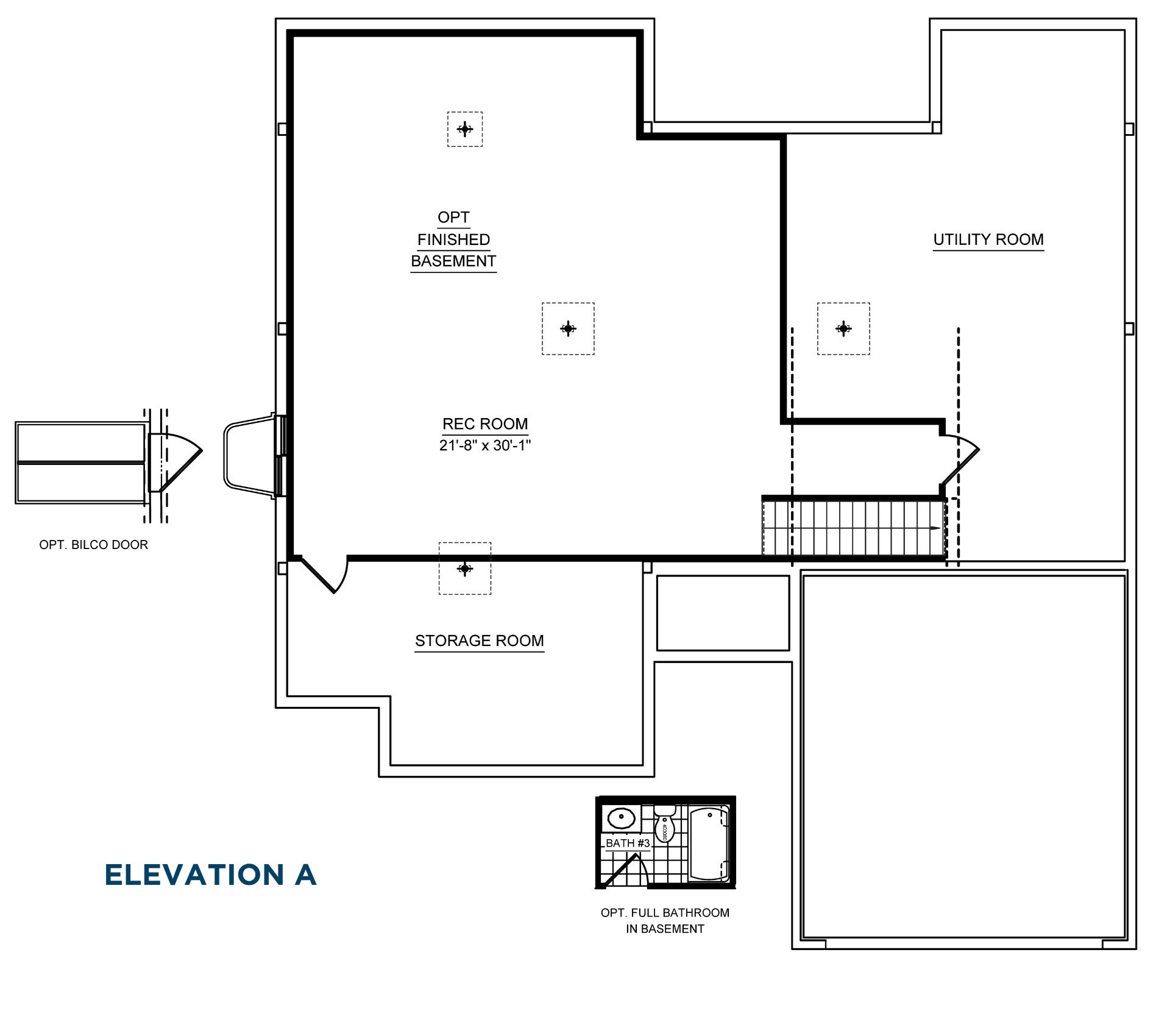 Basement floor plan featuring an optional finished recreation room, utility room, storage room, staircase access, exterior basement entrance, and optional full bathroom.