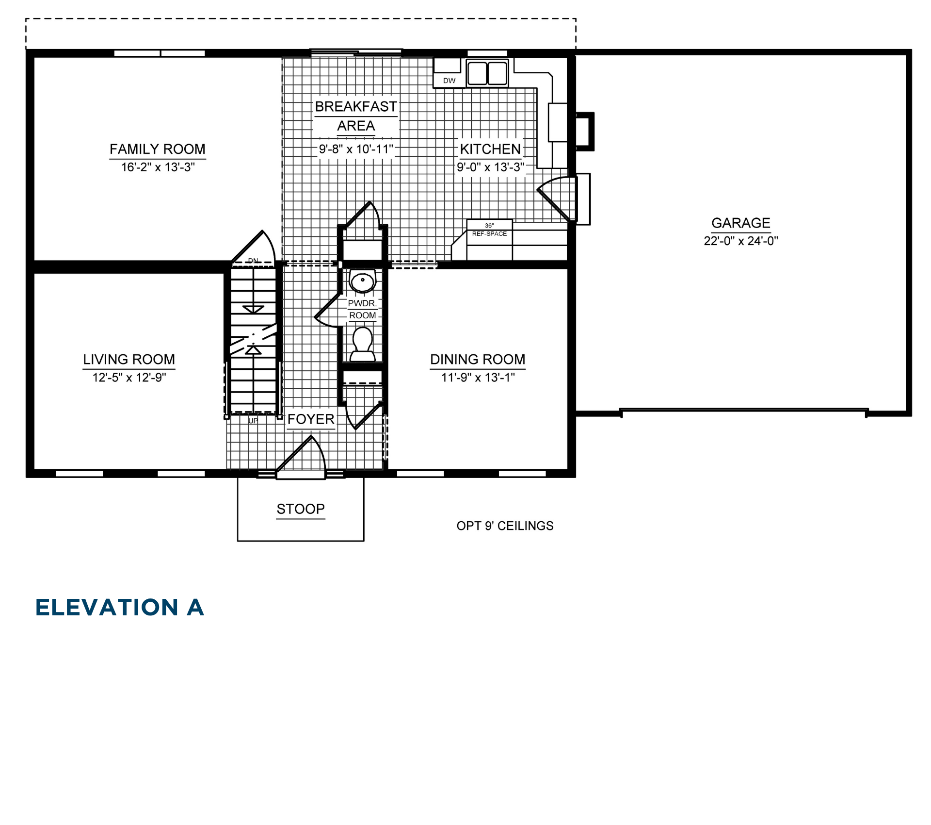 First-floor plan with living room, family room, dining room, kitchen, breakfast area, foyer, powder room, and attached garage.