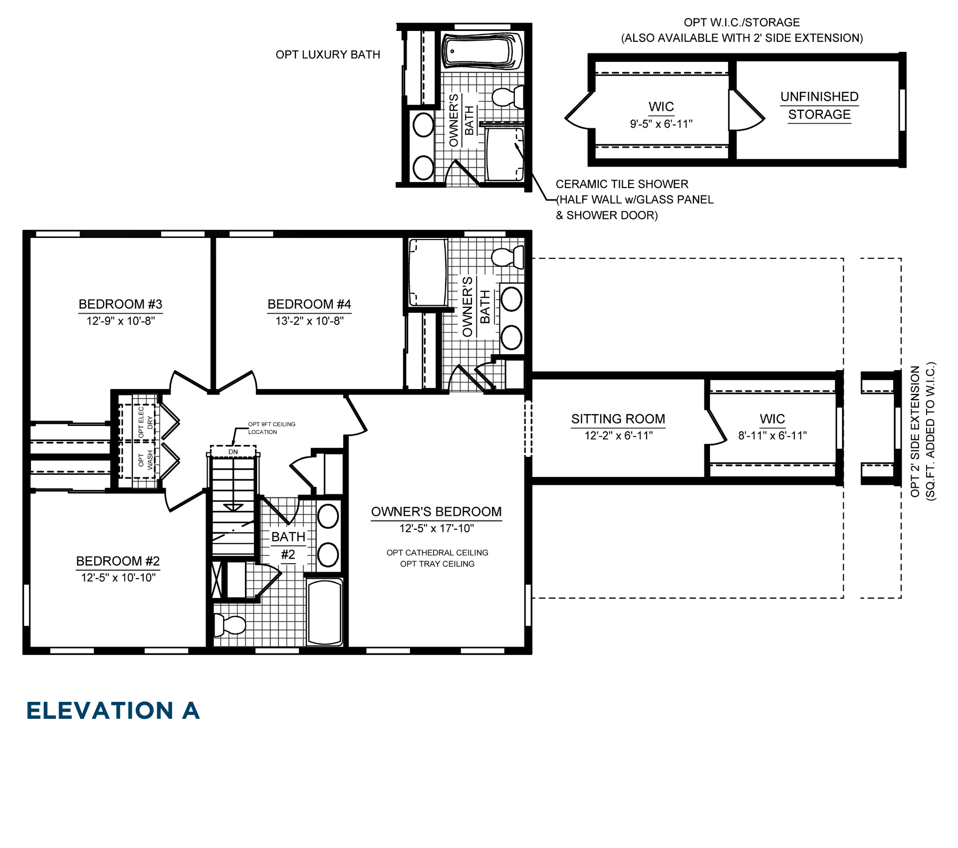 Second-floor plan with owner's bedroom suite, sitting room, walk-in closets, three secondary bedrooms, laundry area, and two bathrooms.