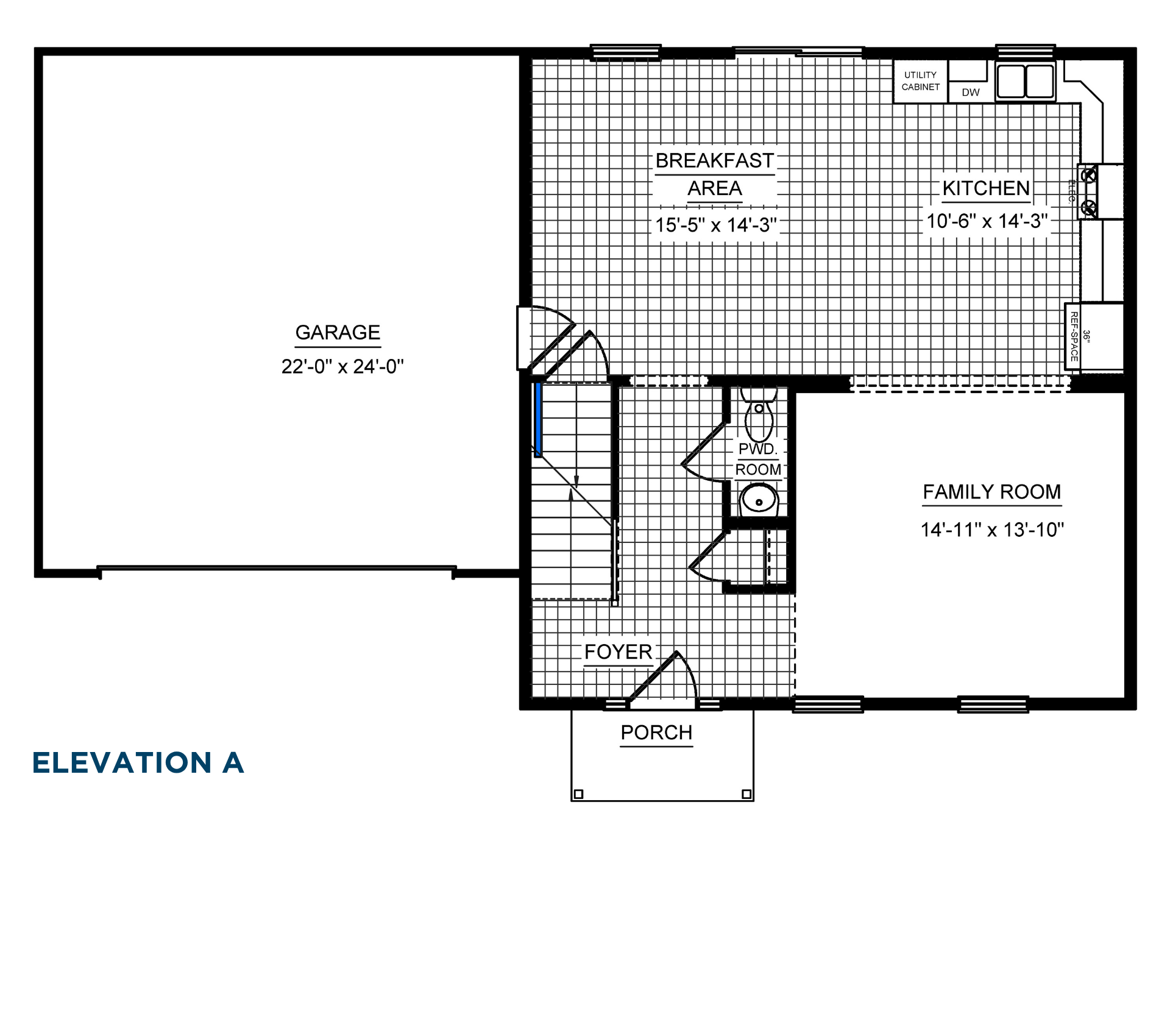 First-floor plan with family room, kitchen, breakfast area, foyer, powder room, porch, staircase, and attached two-car garage.