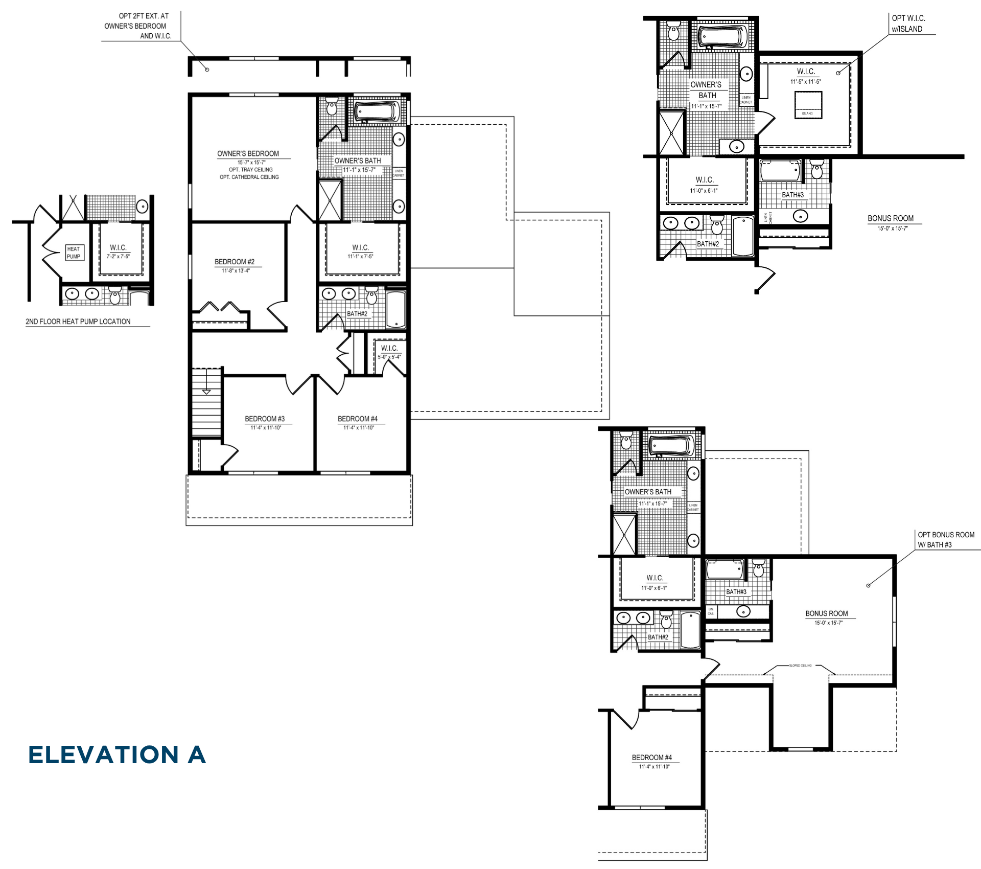 Second-floor plan with owner's suite, three secondary bedrooms, walk-in closets, two full bathrooms, and optional bonus room and owner's suite expansion layouts.