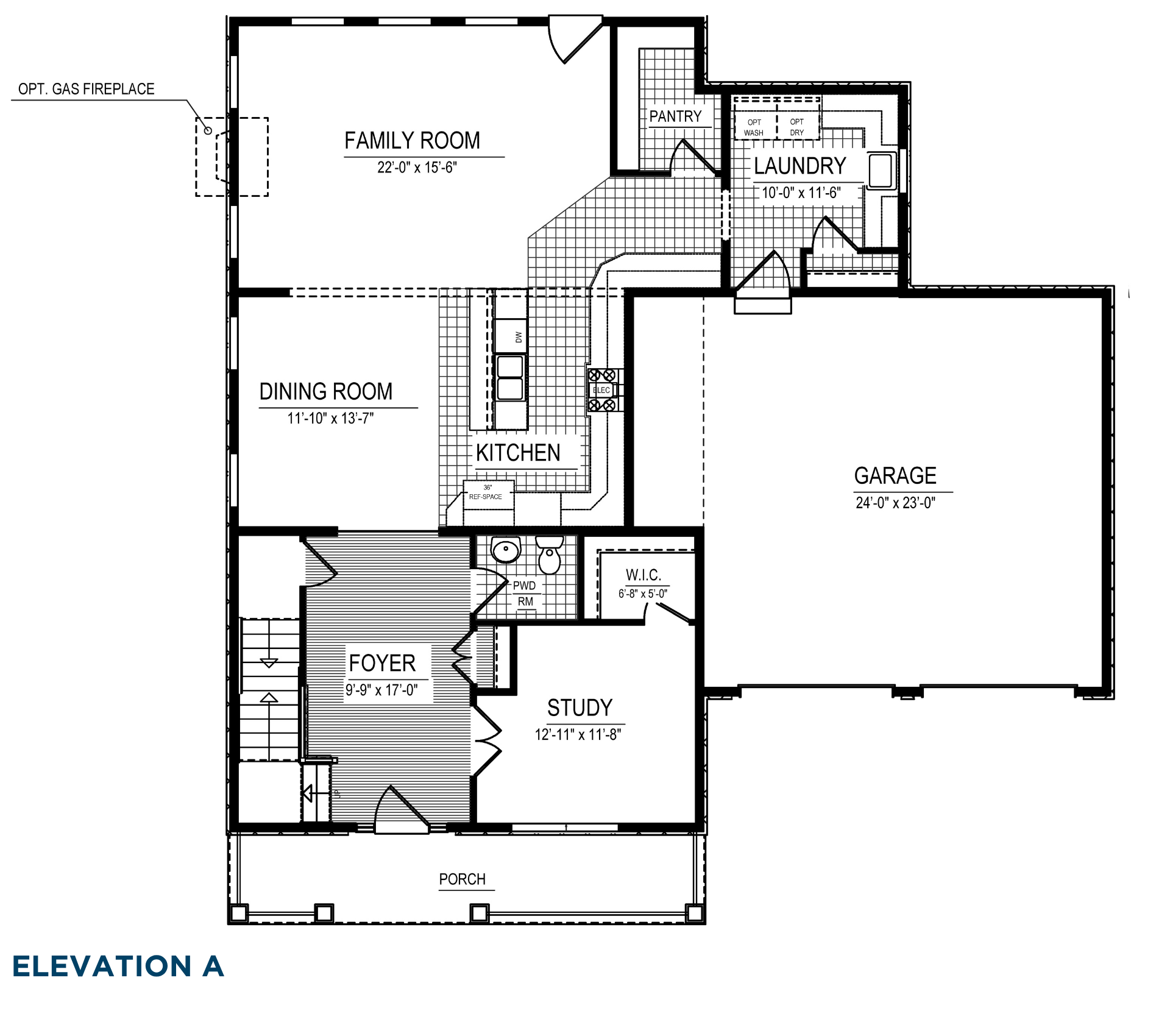 First-floor plan with family room, dining room, kitchen, study, pantry, laundry room, foyer, powder room, covered porch, and attached garage.