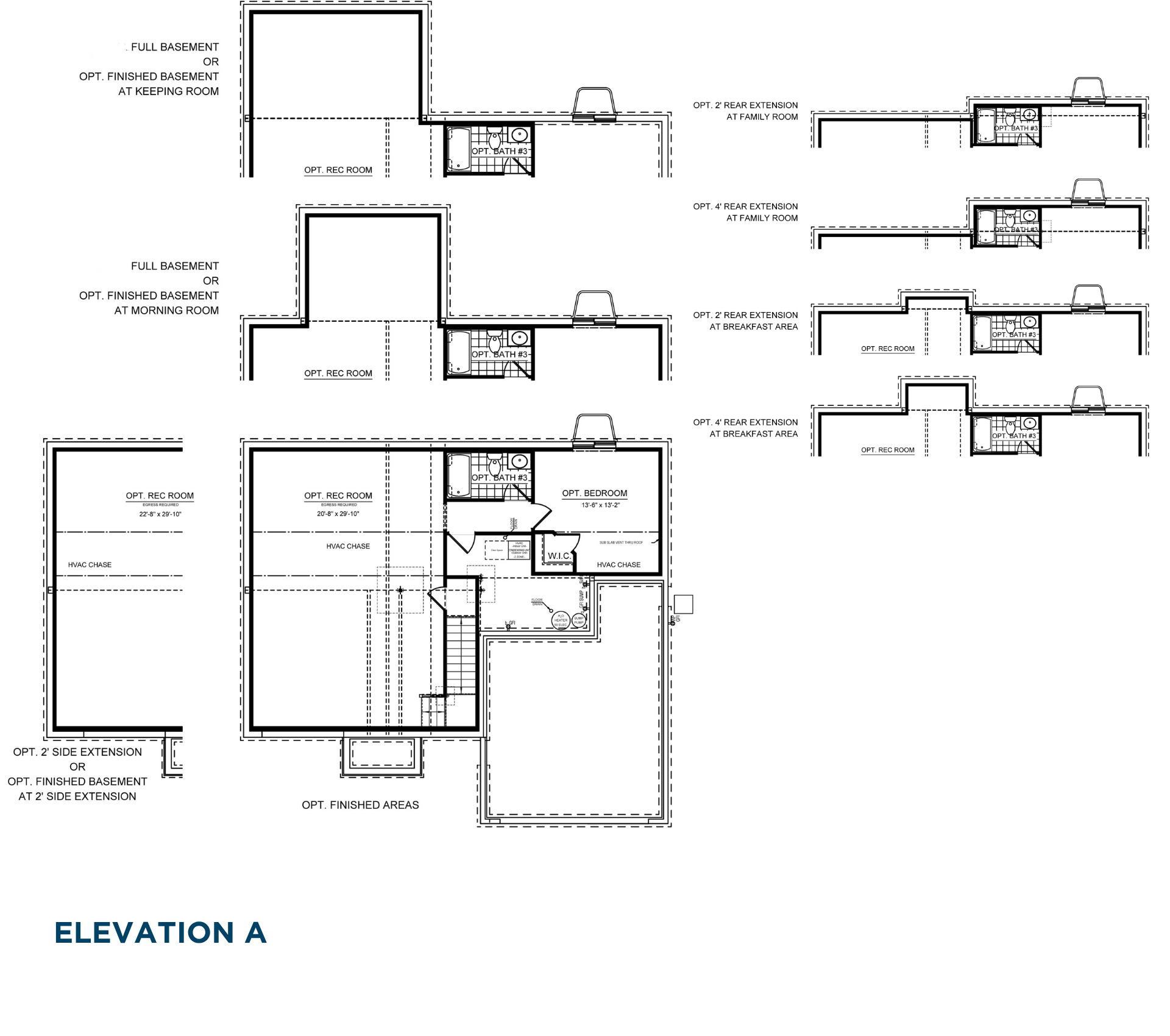Newport basement plan with optional recreation room, bedroom, full bath, and basement expansion layouts