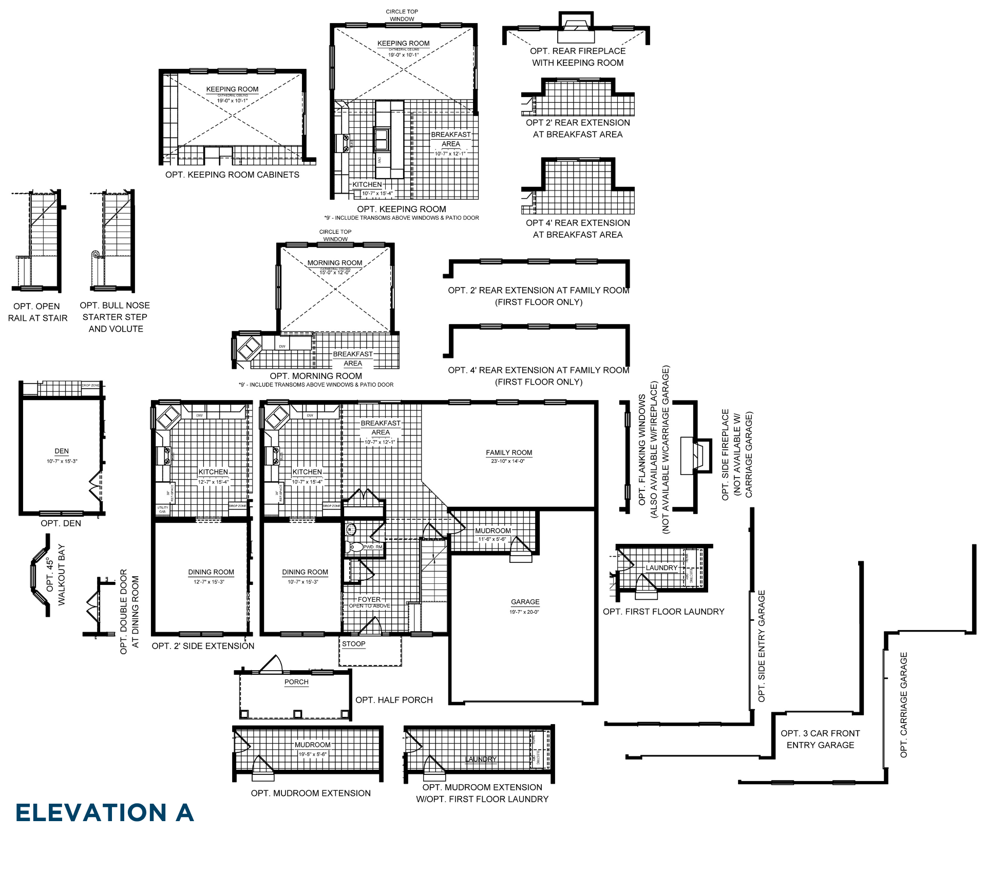 Newport main level options including keeping room, morning room, den, garage, porch, and laundry layouts