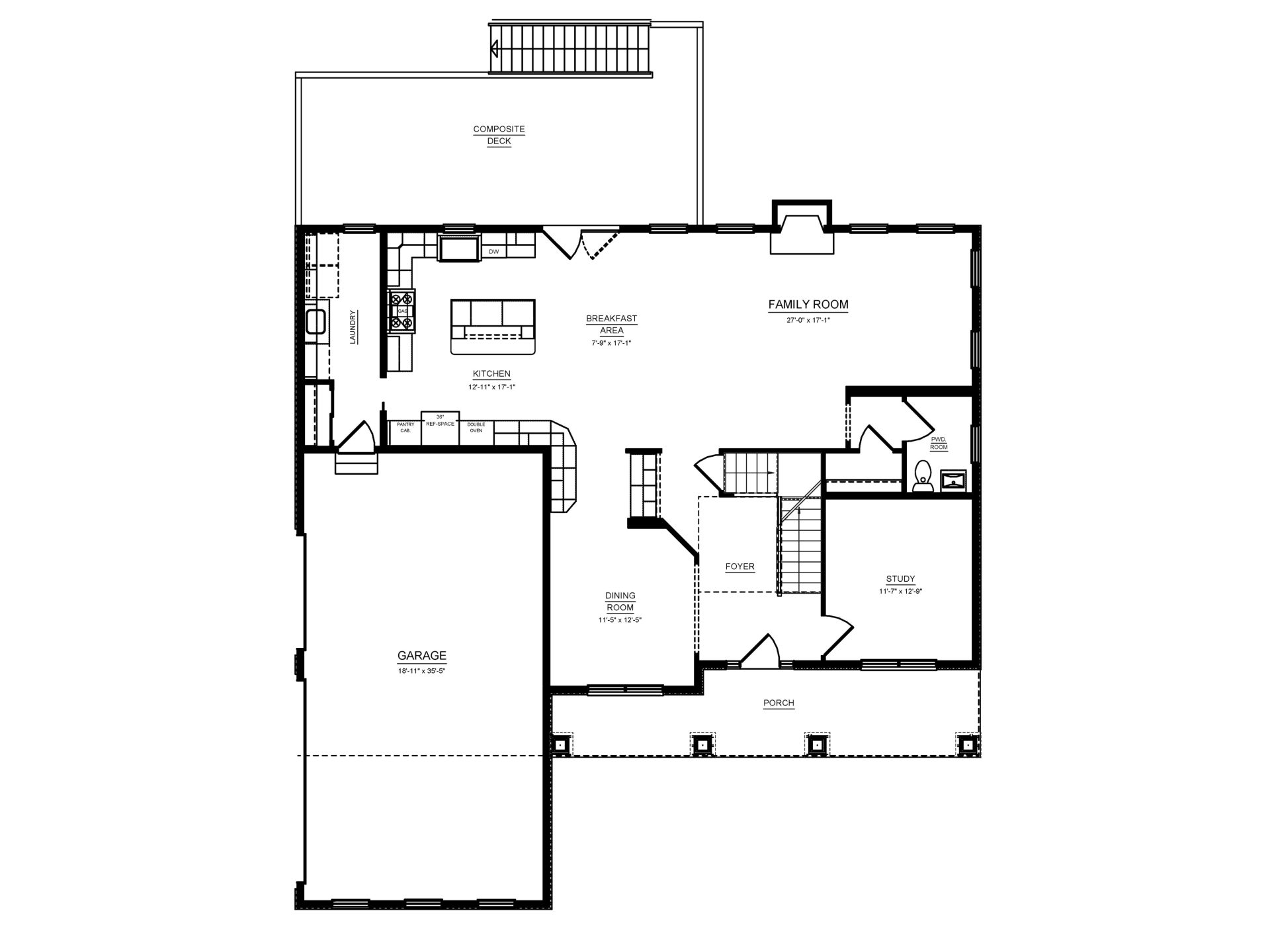 Basement floorplan with open unfinished recreation space, stair access, basement bath rough-in location, and walkout access to the rear yard.
