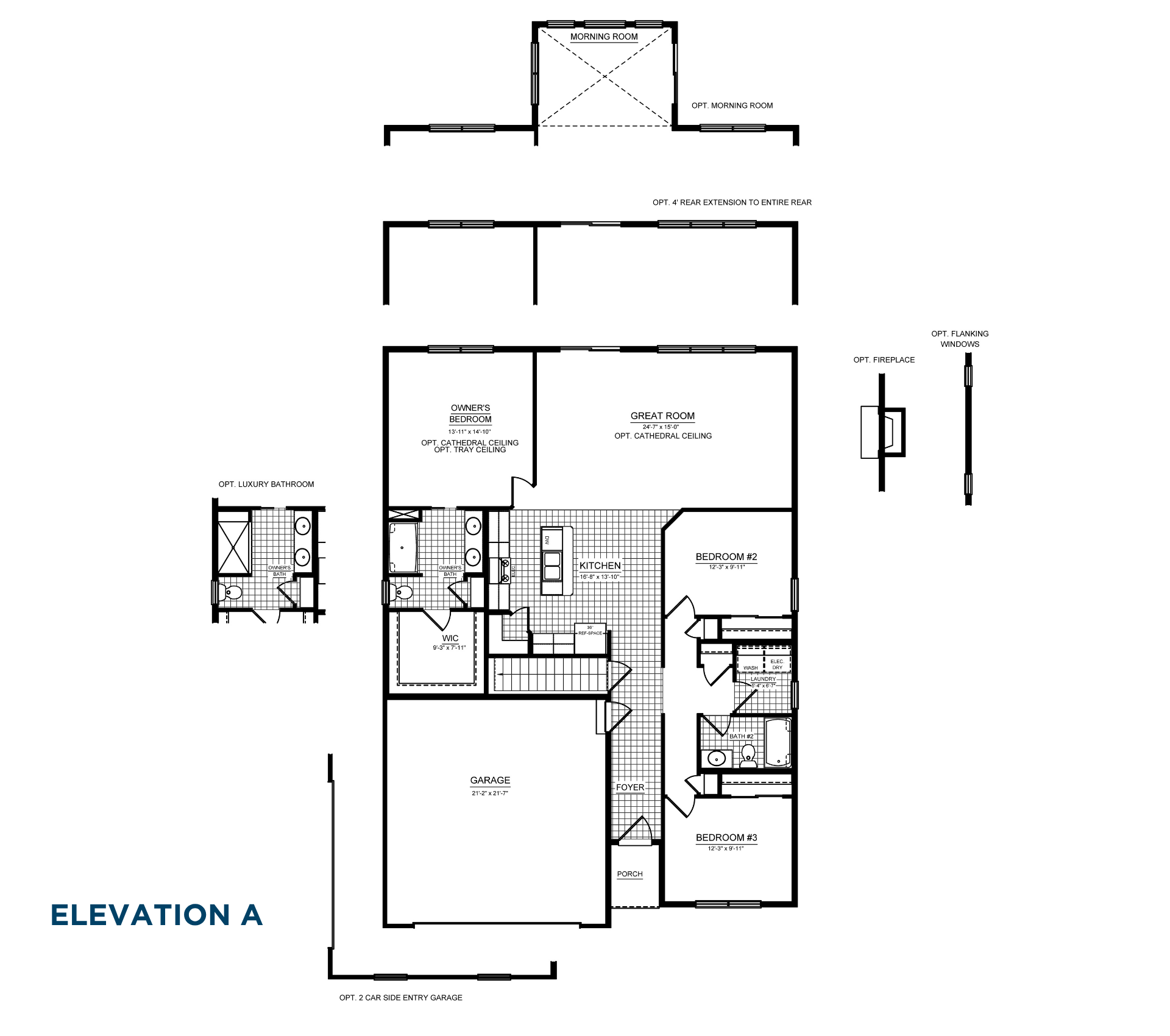 Main level floorplan showing optional morning room, luxury owner's bath, fireplace, flanking windows, side-entry garage, and 4-foot rear extension.