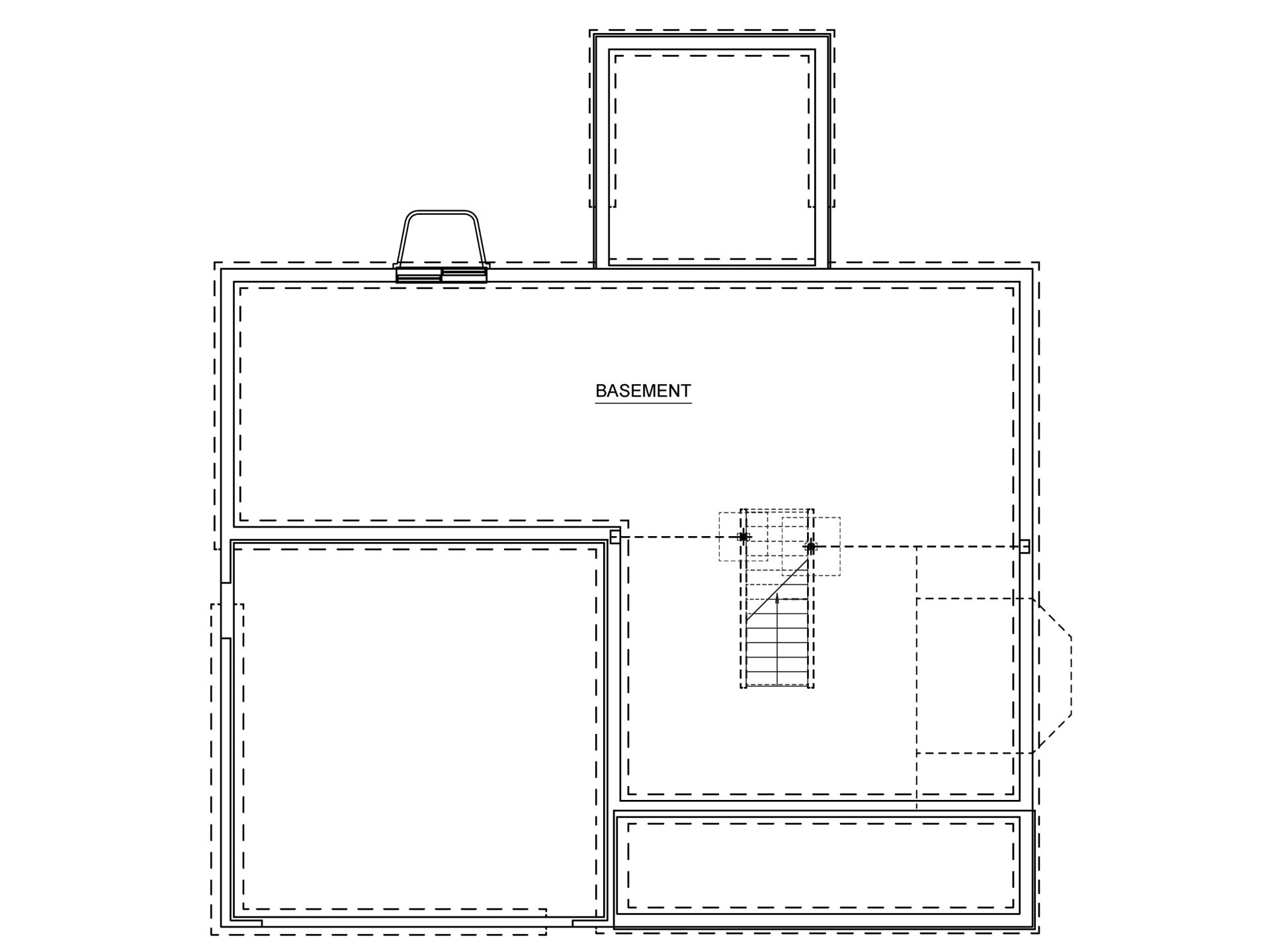 Basement floorplan with unfinished lower level, stair access, utility space, and optional areas for future finishing.