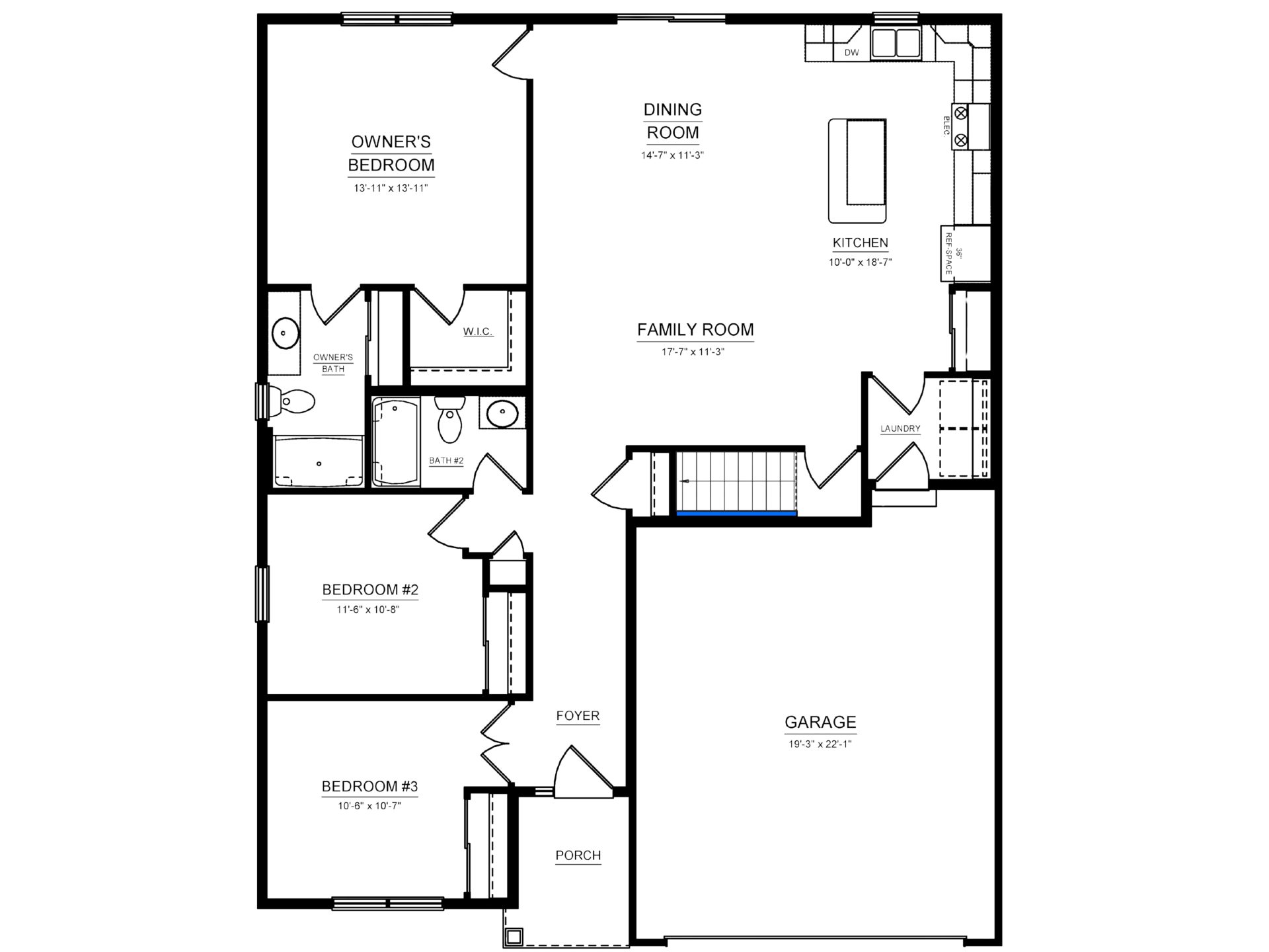Floorplan Drawing - Main living area with 3 bedrooms two baths and 2 car garage