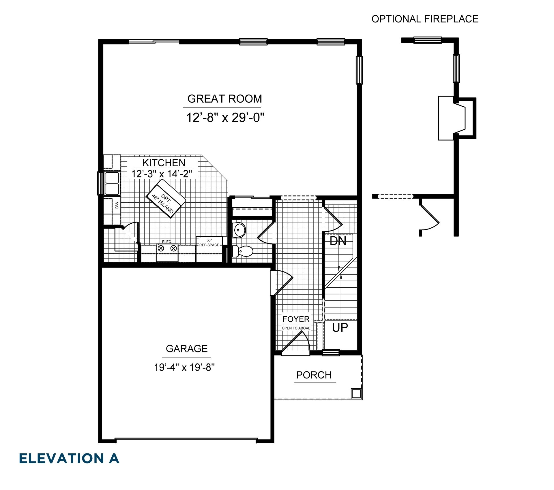 Main level floorplan with open great room, kitchen with island option, foyer, powder room, porch, and attached garage