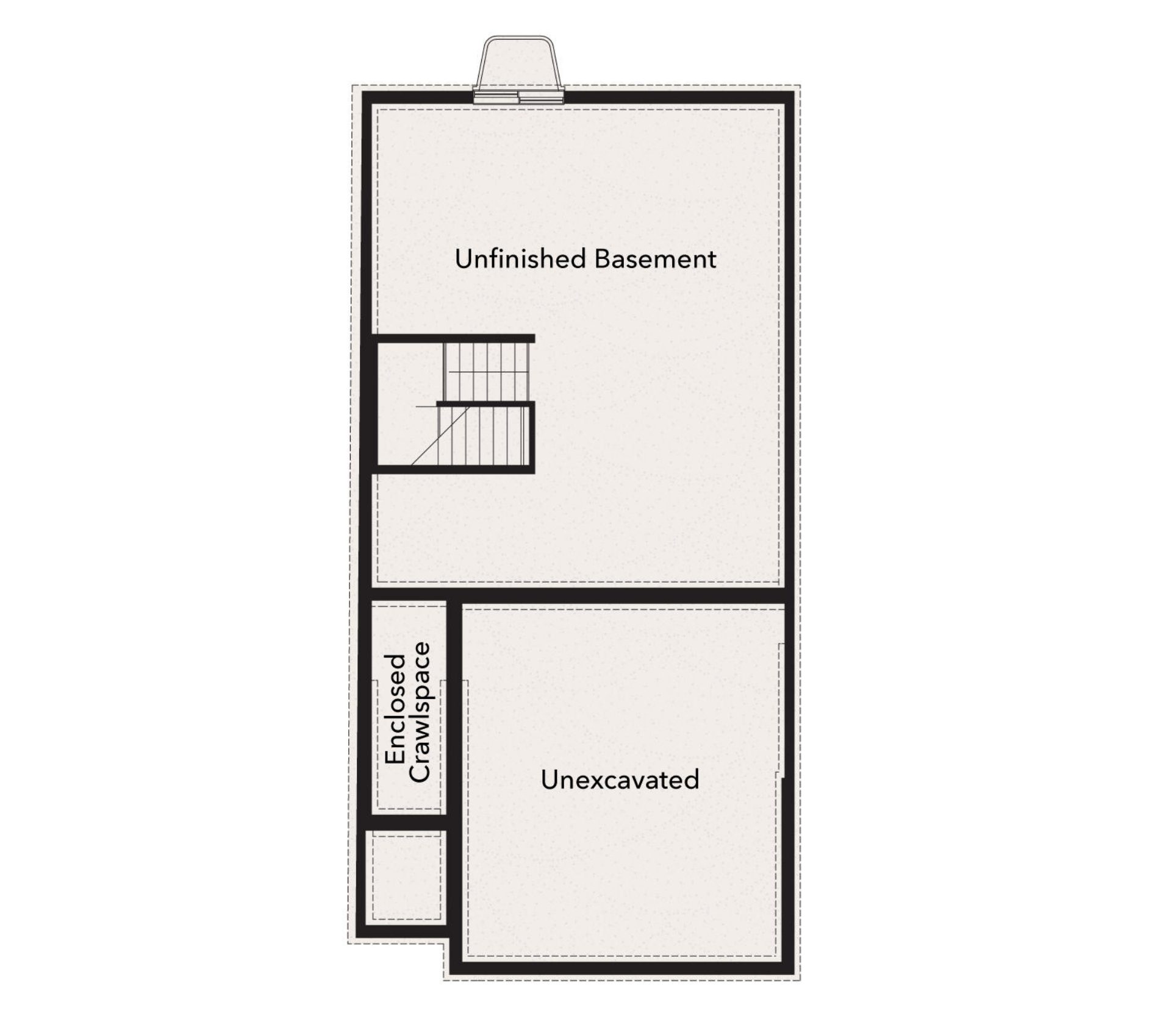 Unfinished basement floorplan with stair access, storage area, enclosed crawlspace, and unexcavated section