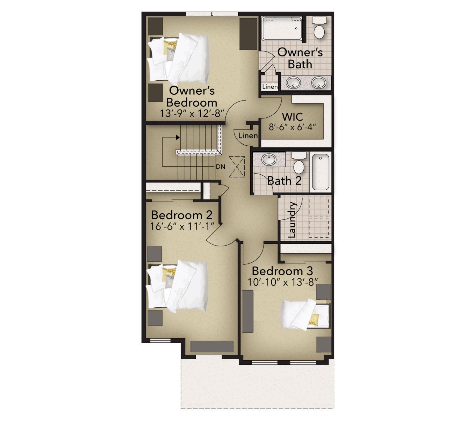Second floor floorplan with owner's suite, walk-in closet, private bath, laundry room, two bedrooms, and full bath