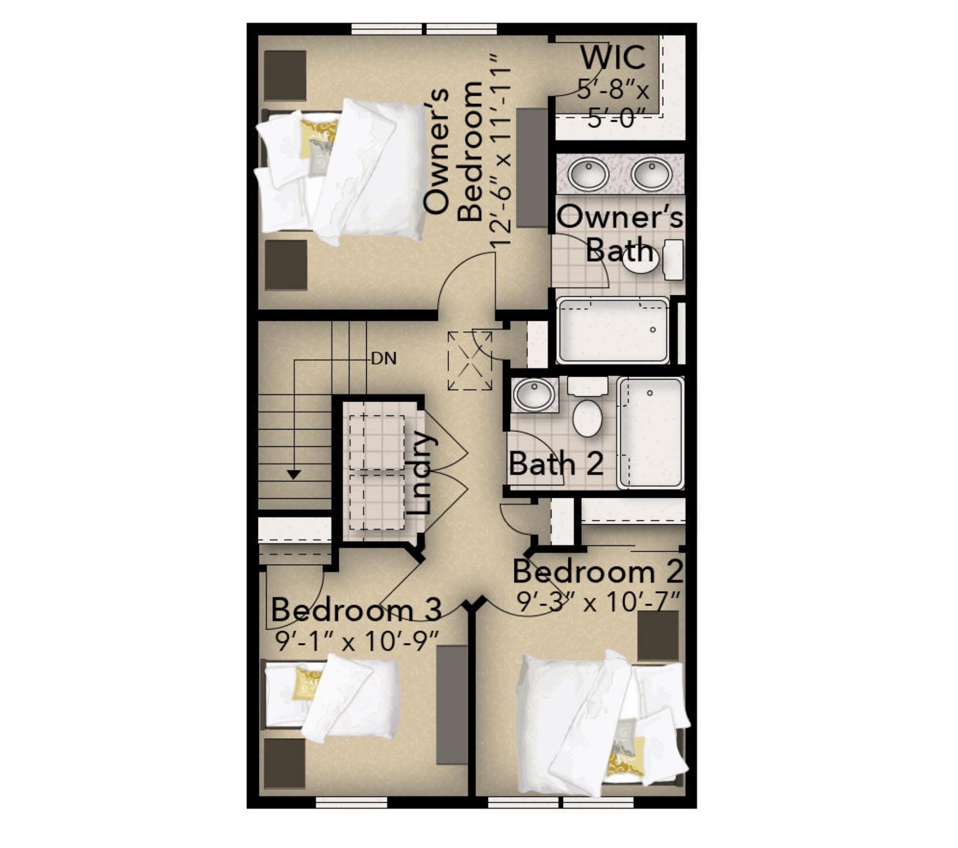 Second floor floorplan with owner's suite, walk-in closet, private bath, laundry area, two secondary bedrooms, and full bath