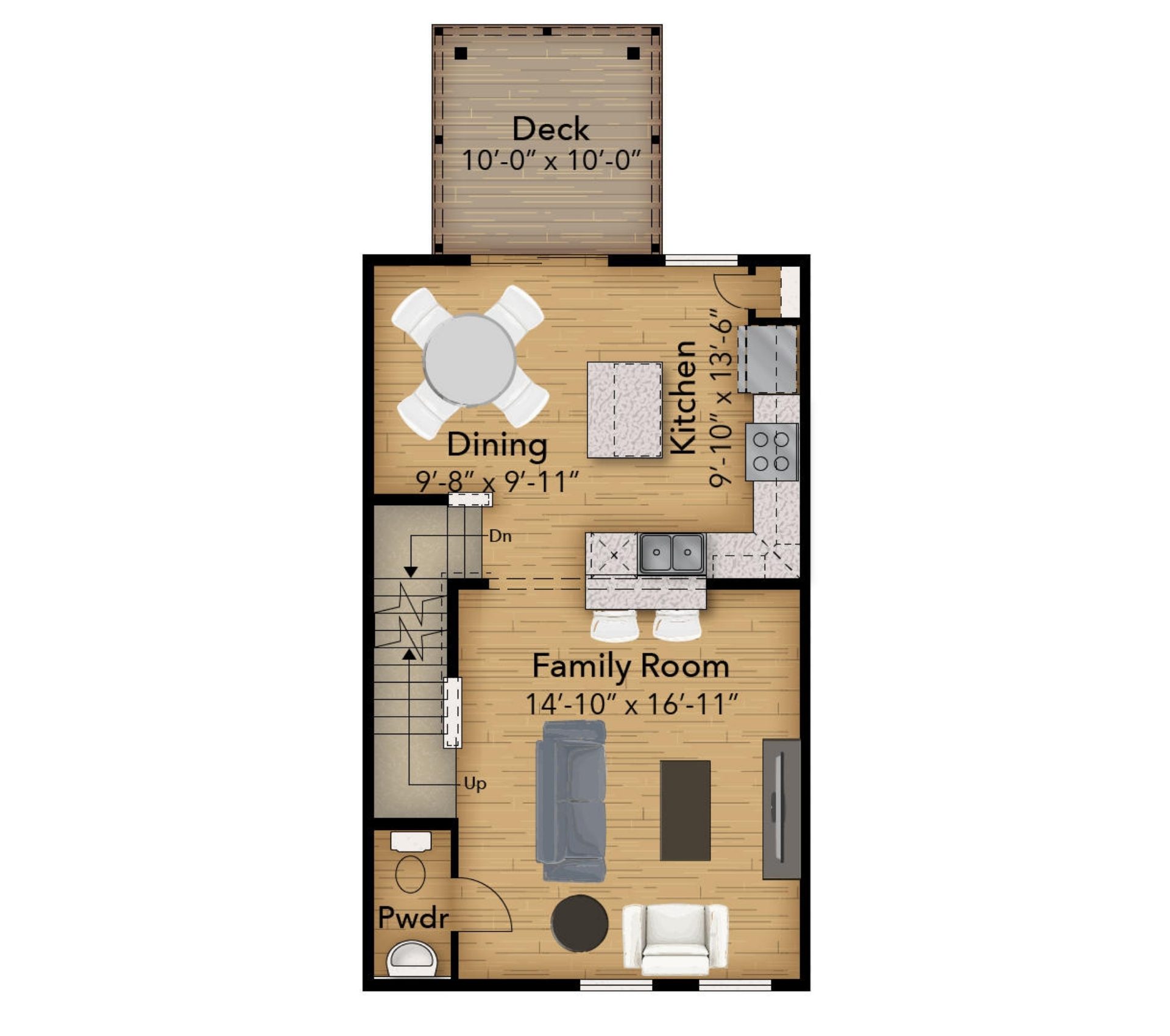 Main level floorplan with family room, kitchen with island and breakfast bar, dining area, powder room, and rear deck